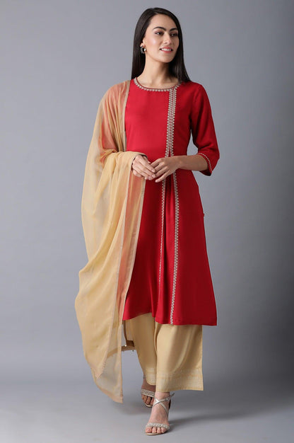 Red Round Neck Pleated kurta - wforwoman