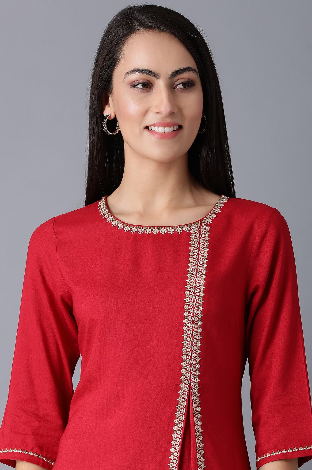 Red Round Neck Pleated kurta - wforwoman