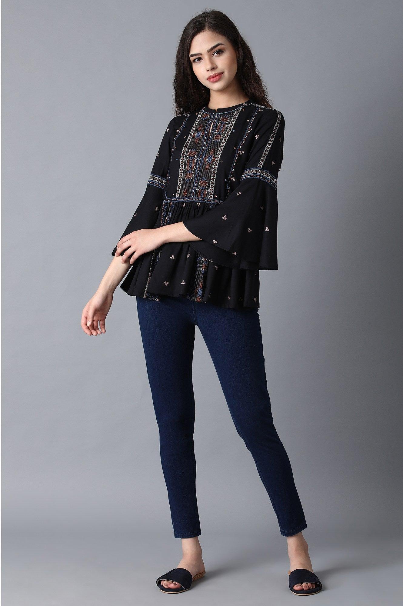 Black Mandarin Neck Printed Top - wforwoman