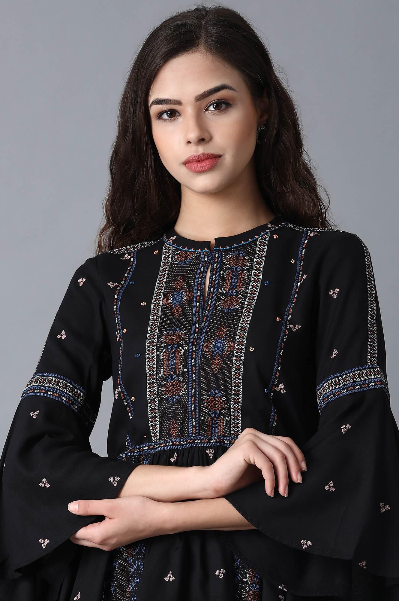 Black Mandarin Neck Printed Top - wforwoman