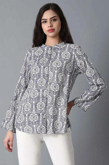 Blue Mandarin Neck Printed Top - wforwoman