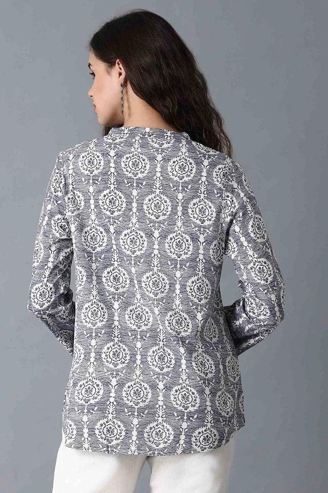 Blue Mandarin Neck Printed Top - wforwoman