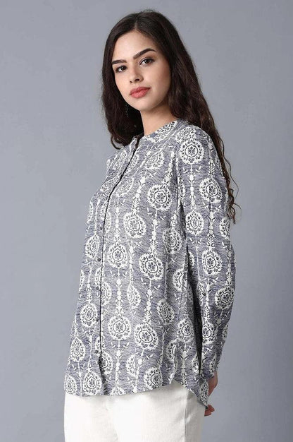 Blue Mandarin Neck Printed Top - wforwoman