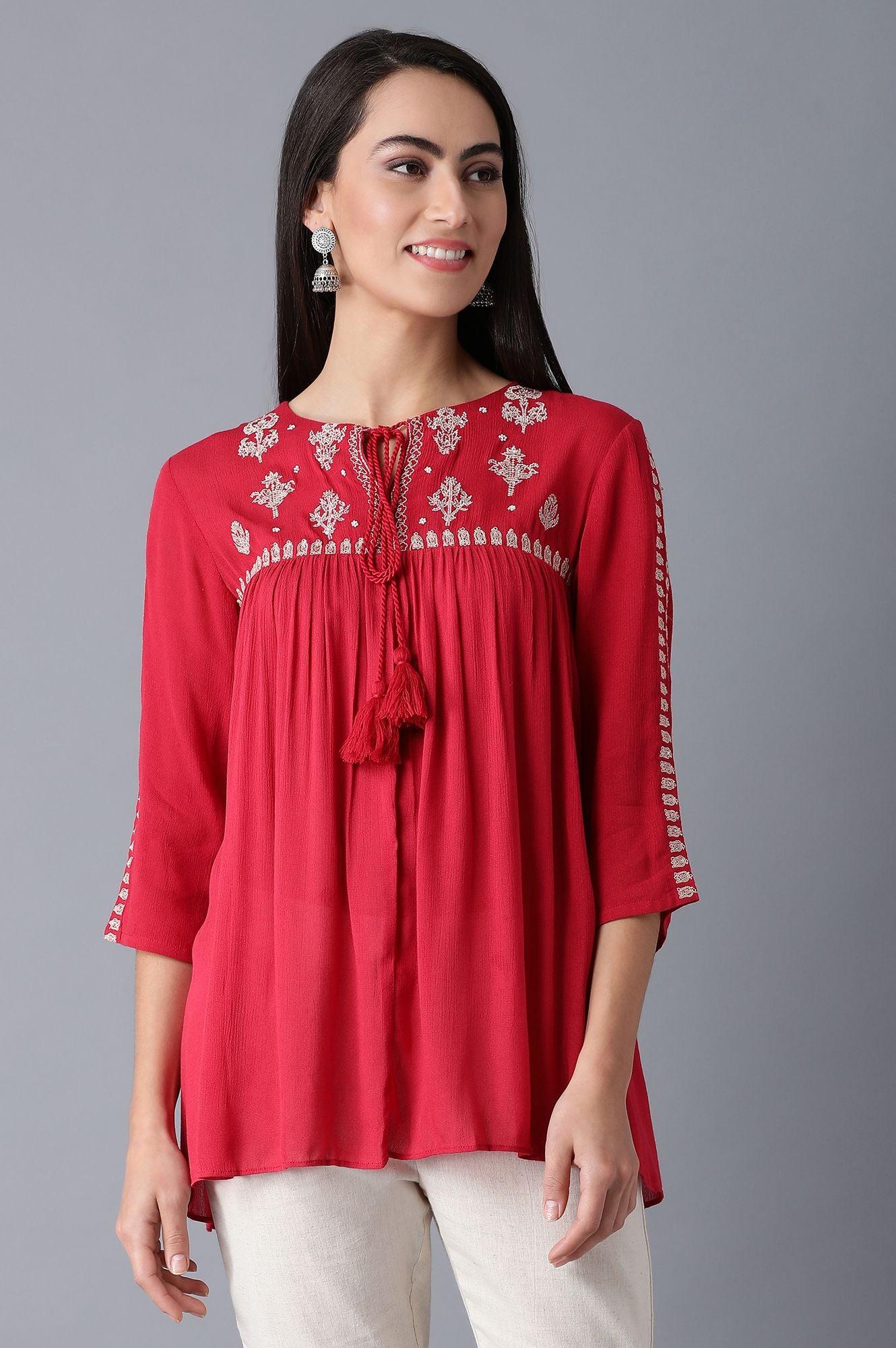 Red Embroidered Gathered Top - wforwoman