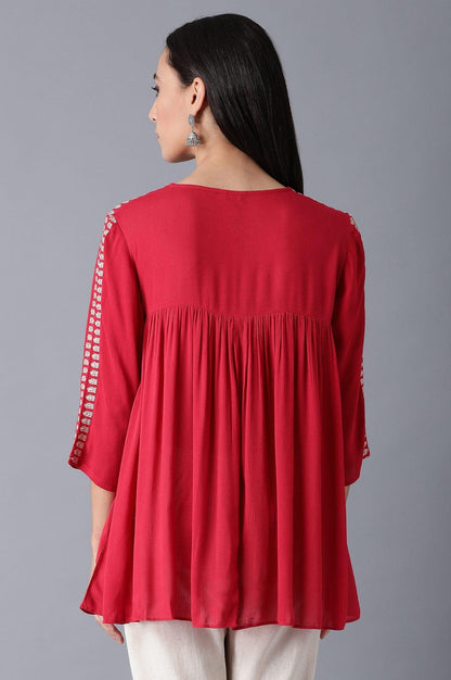 Red Embroidered Gathered Top - wforwoman