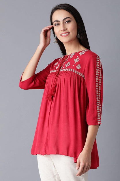 Red Embroidered Gathered Top - wforwoman