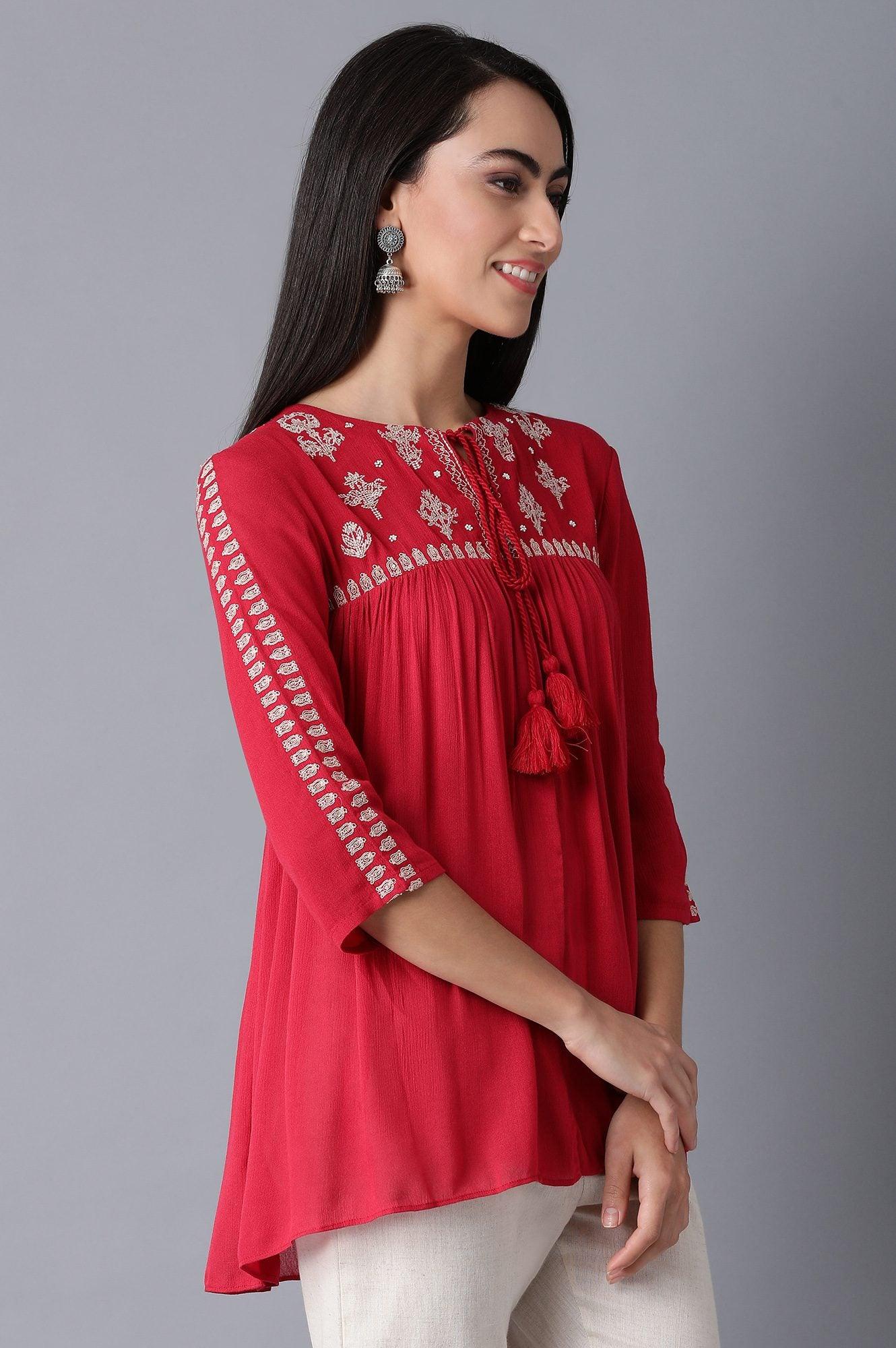 Red Round Neck Gathered Top - wforwoman