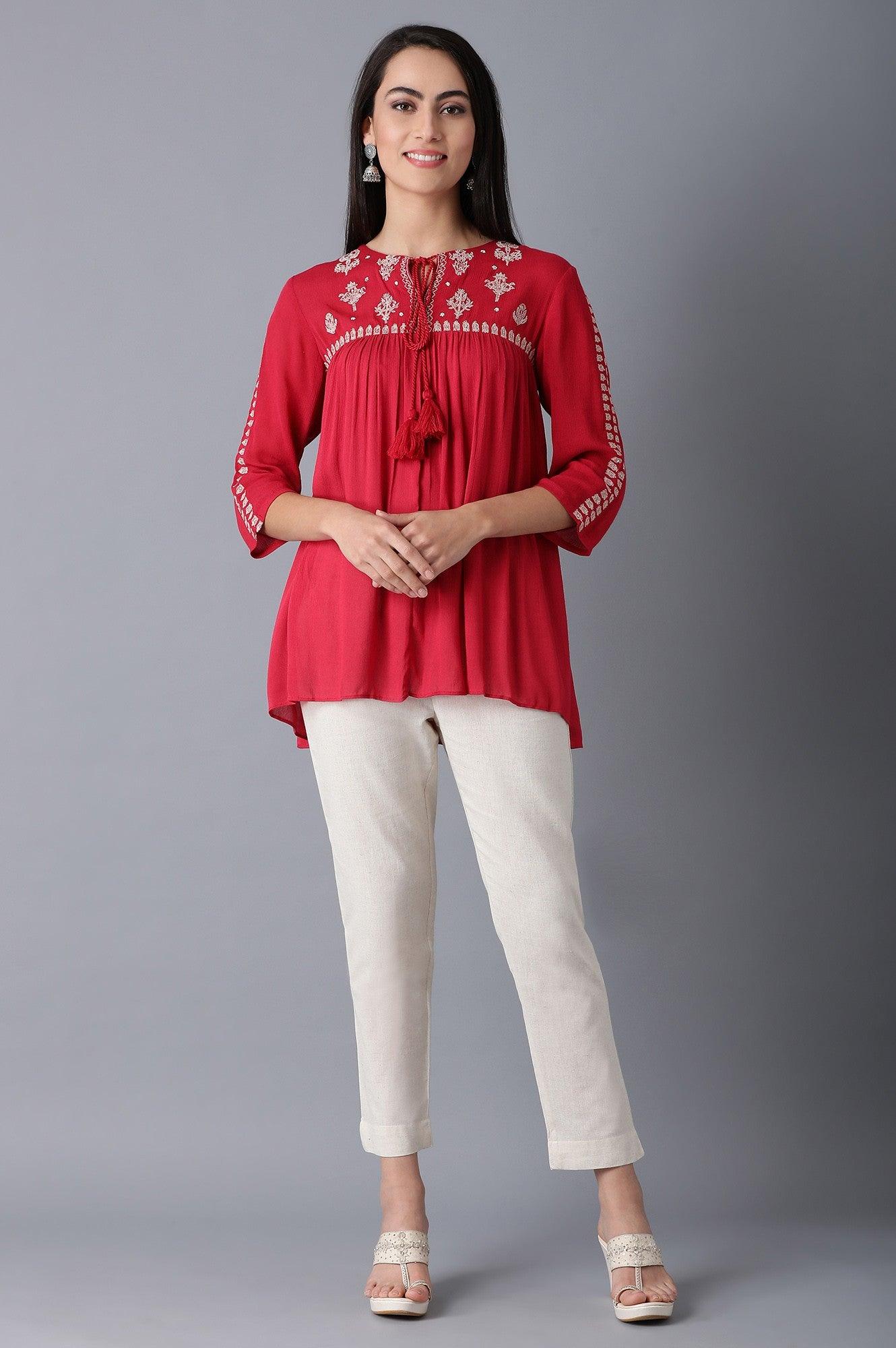 Red Round Neck Gathered Top - wforwoman