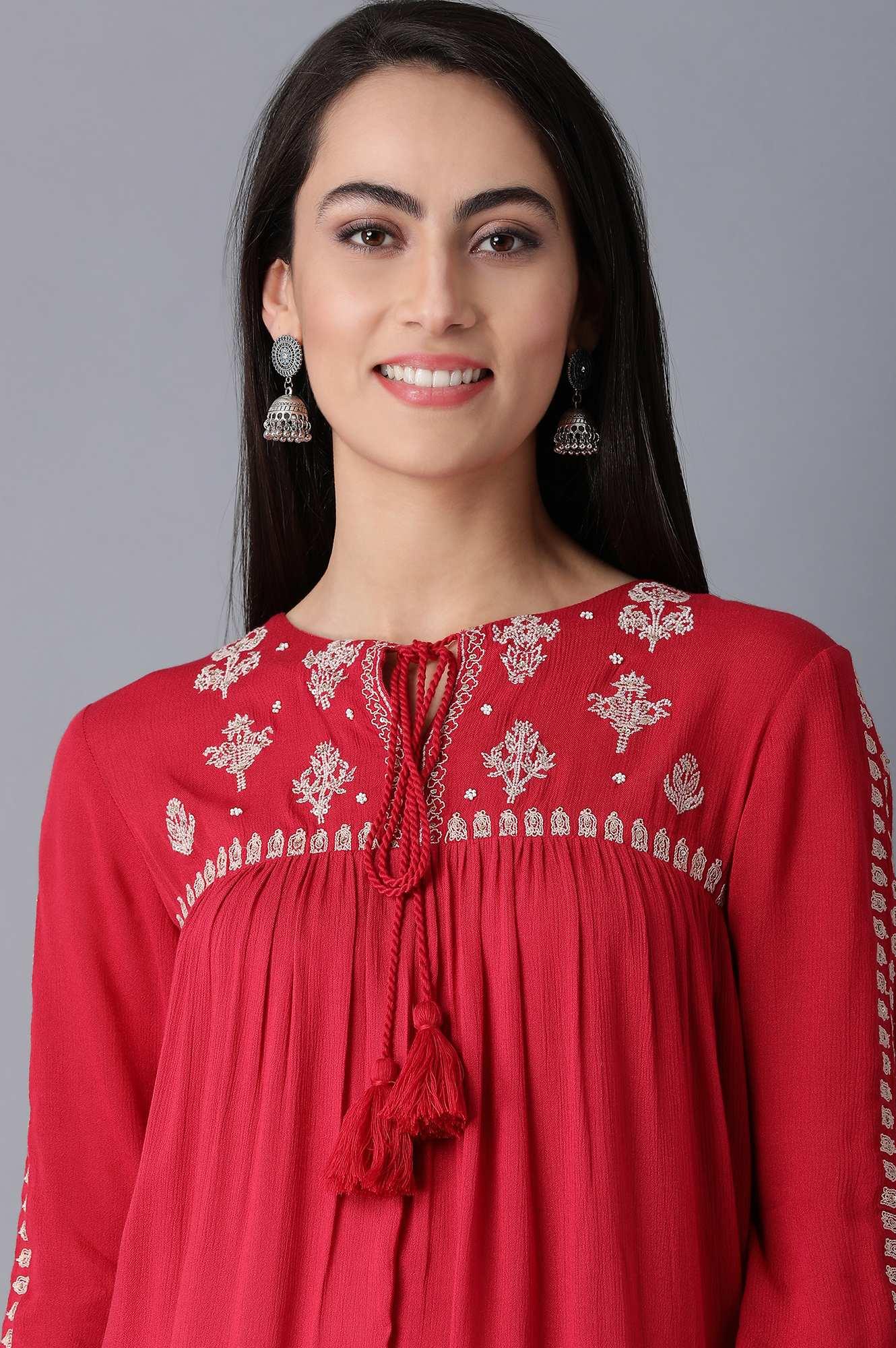 Red Round Neck Gathered Top - wforwoman