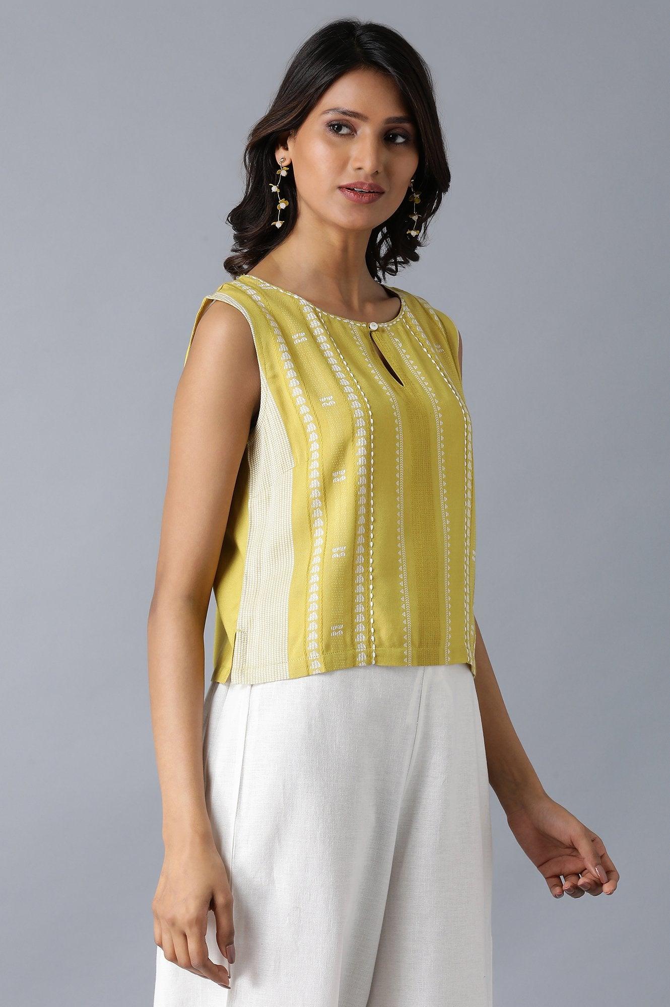 Yellow Printed Sleeveless Crop Top - wforwoman