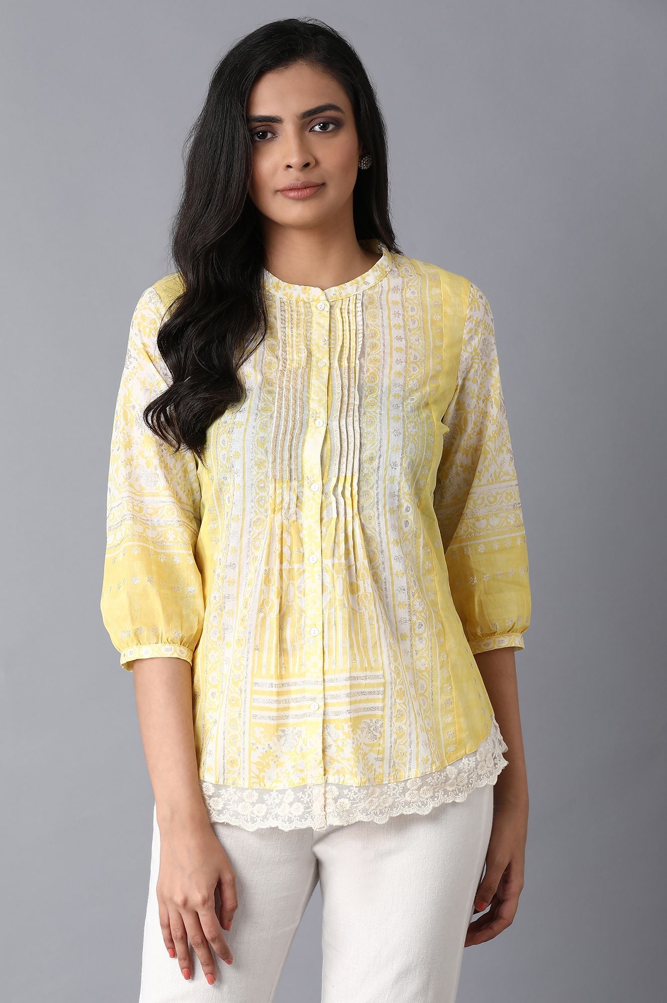 Yellow &amp; Ecru Printed Top