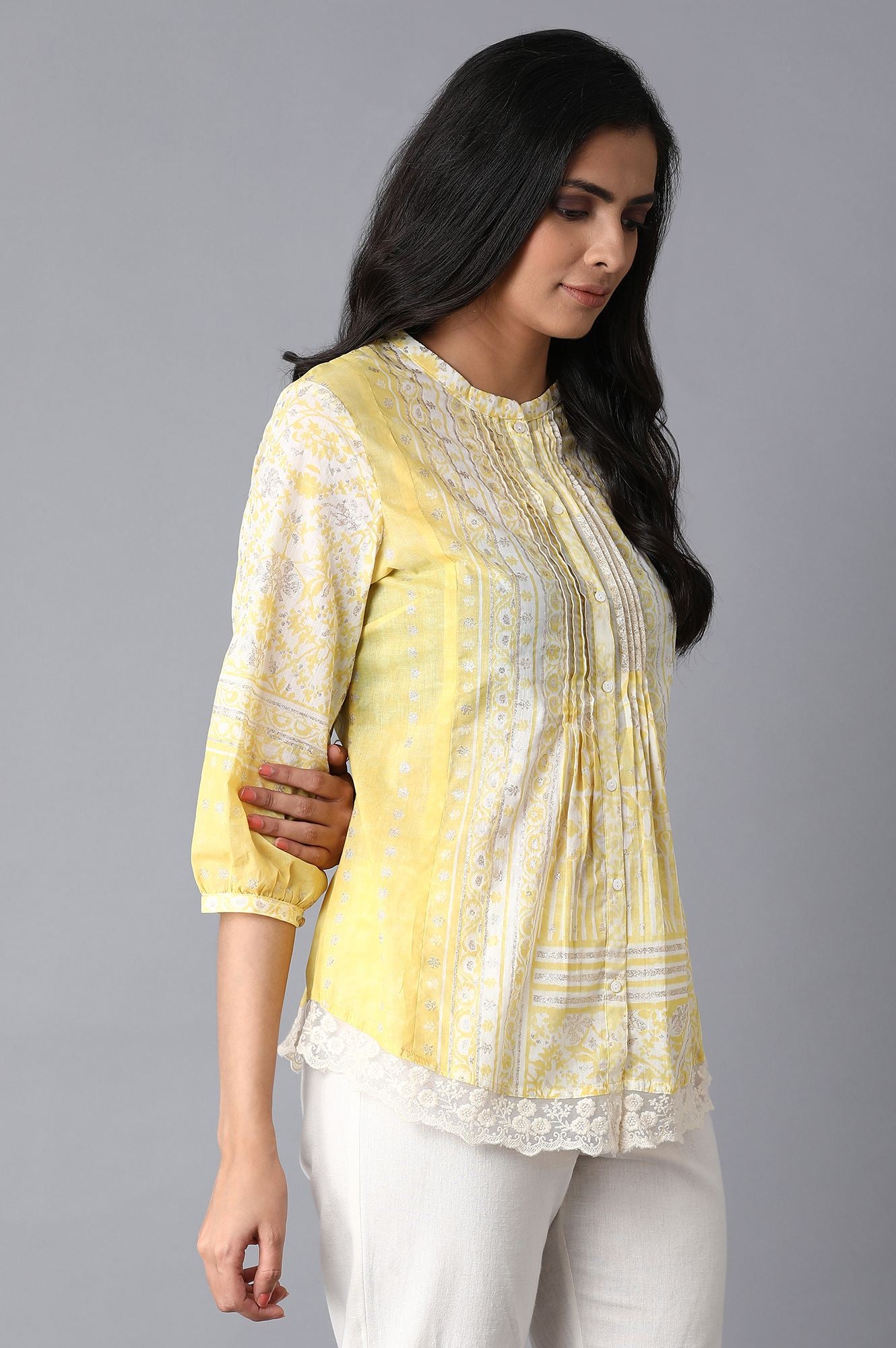 Yellow &amp; Ecru Printed Top