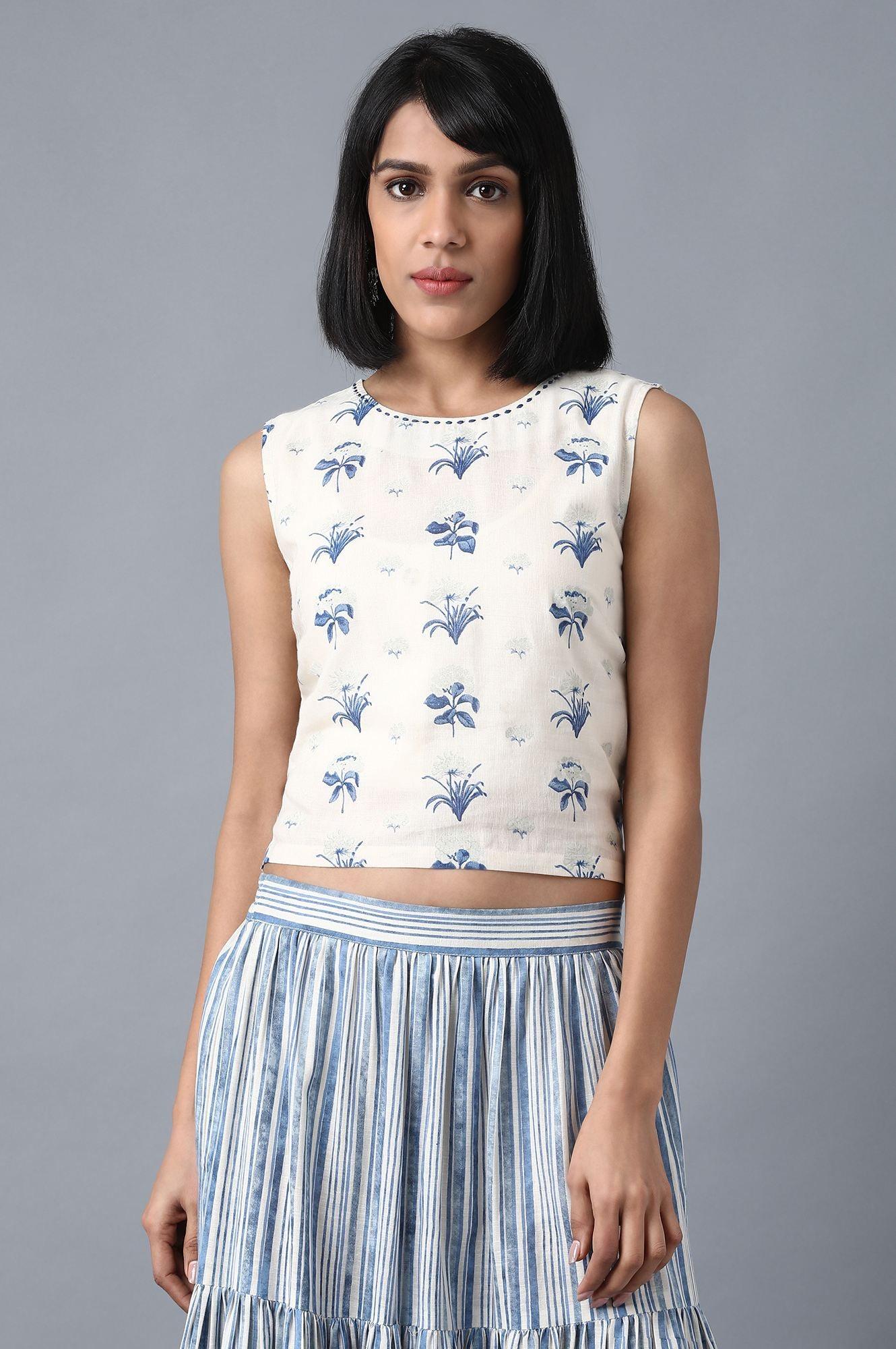 Ecru Round Neck Printed Crop Top - wforwoman