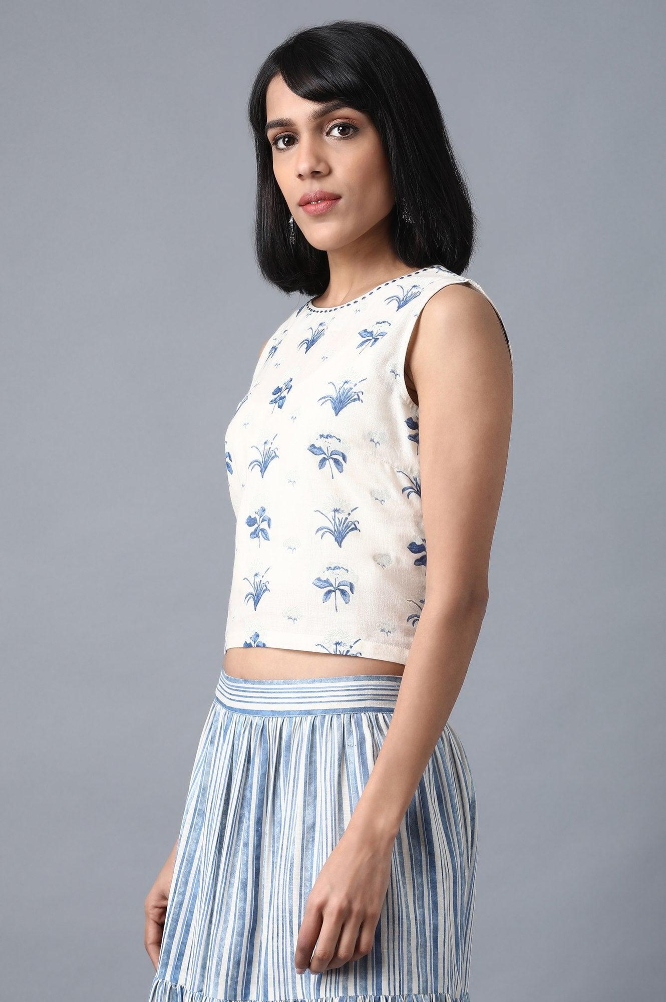 Ecru Round Neck Printed Crop Top - wforwoman