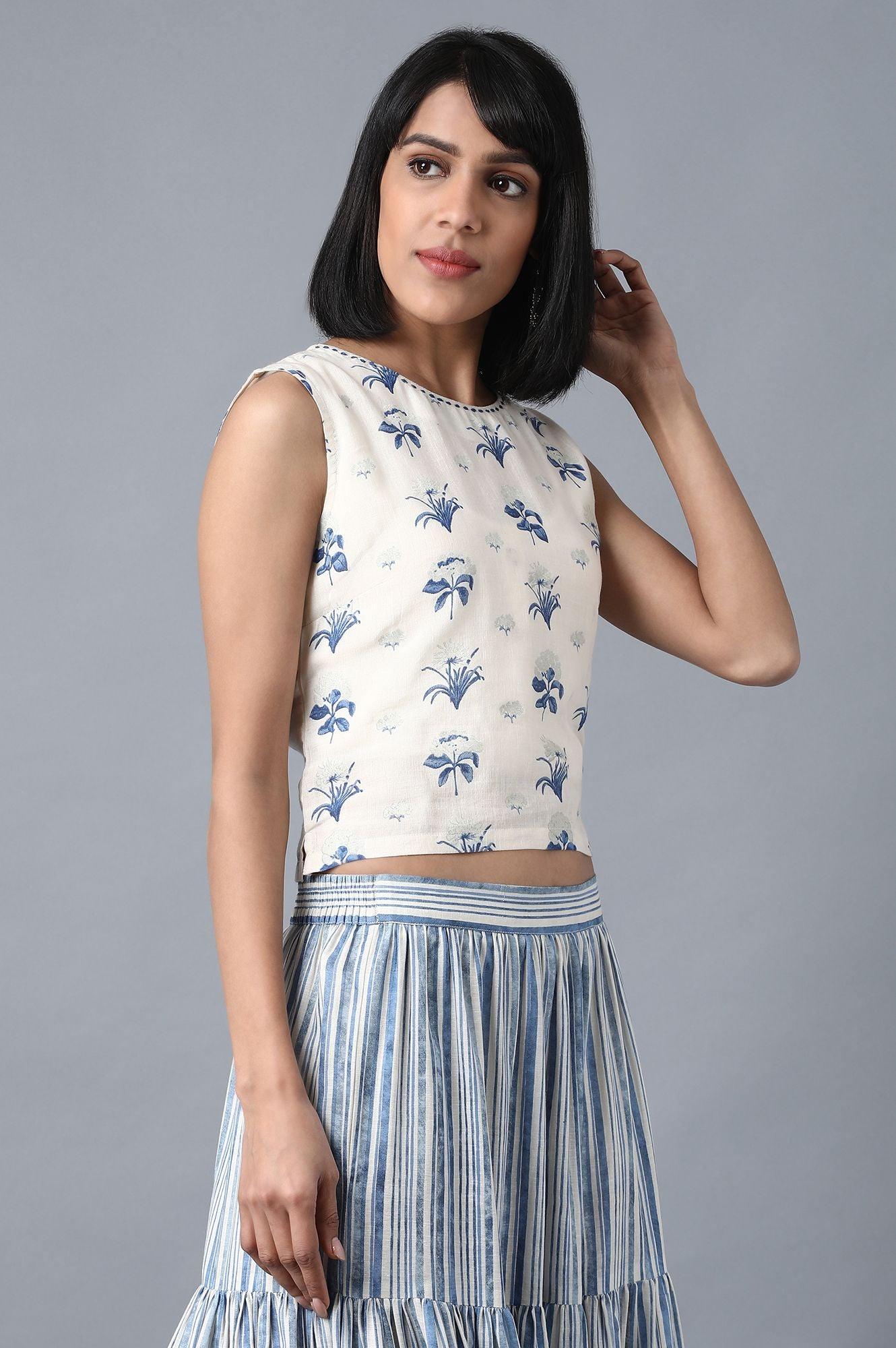 Ecru Round Neck Printed Crop Top - wforwoman