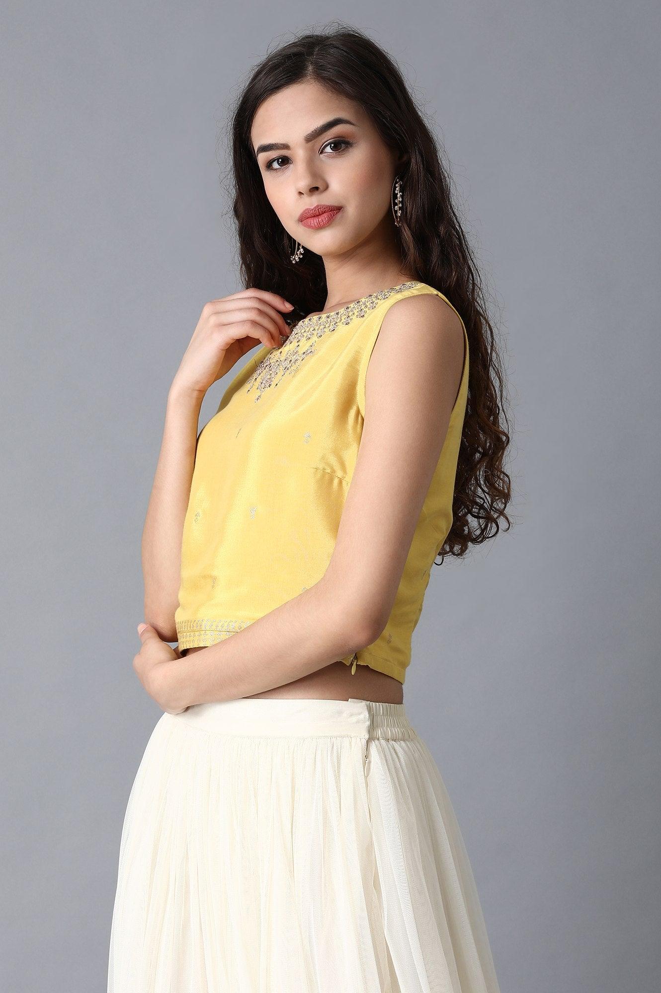 Yellow Round Neck Crop Top - wforwoman