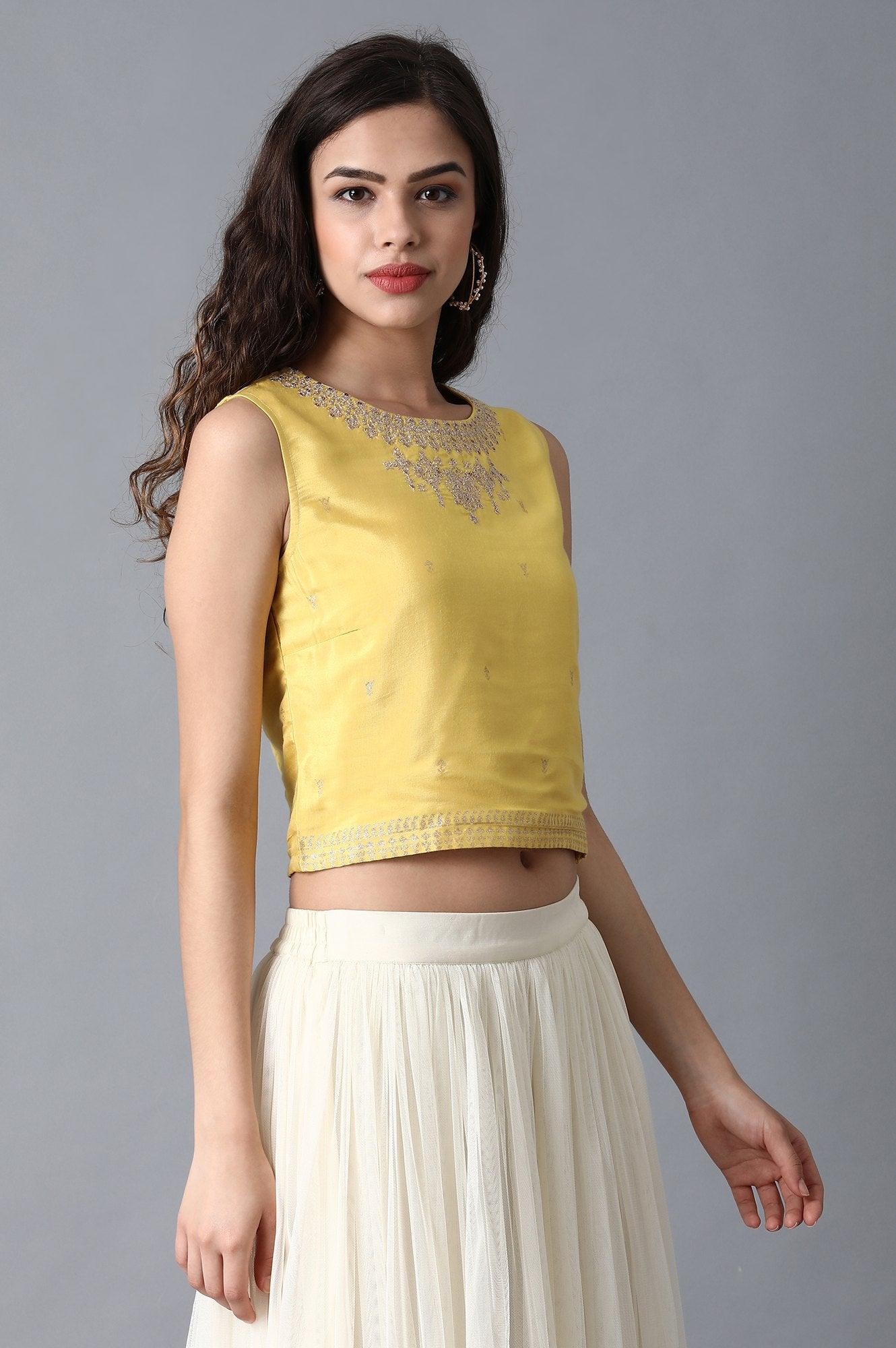 Yellow Round Neck Crop Top - wforwoman