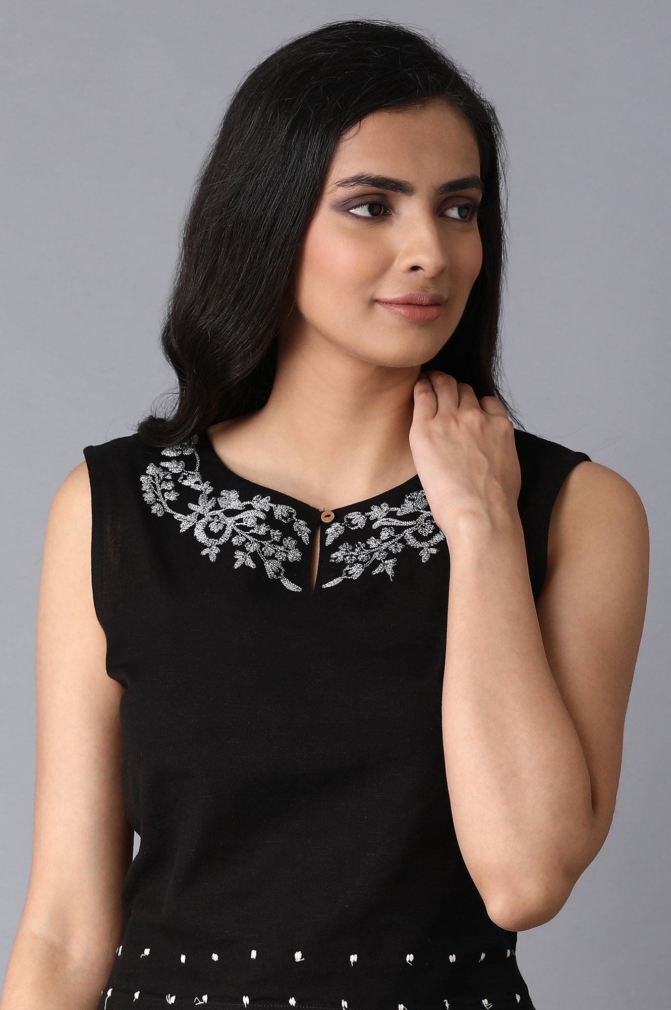 Black &amp; Ecru Embroidered Sleeveless Top