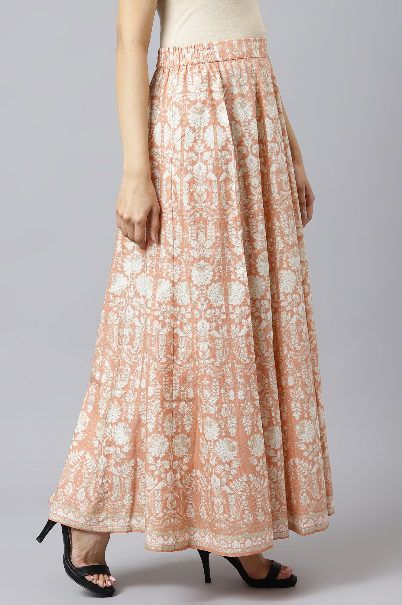 Peach Printed Kalidar Skirt