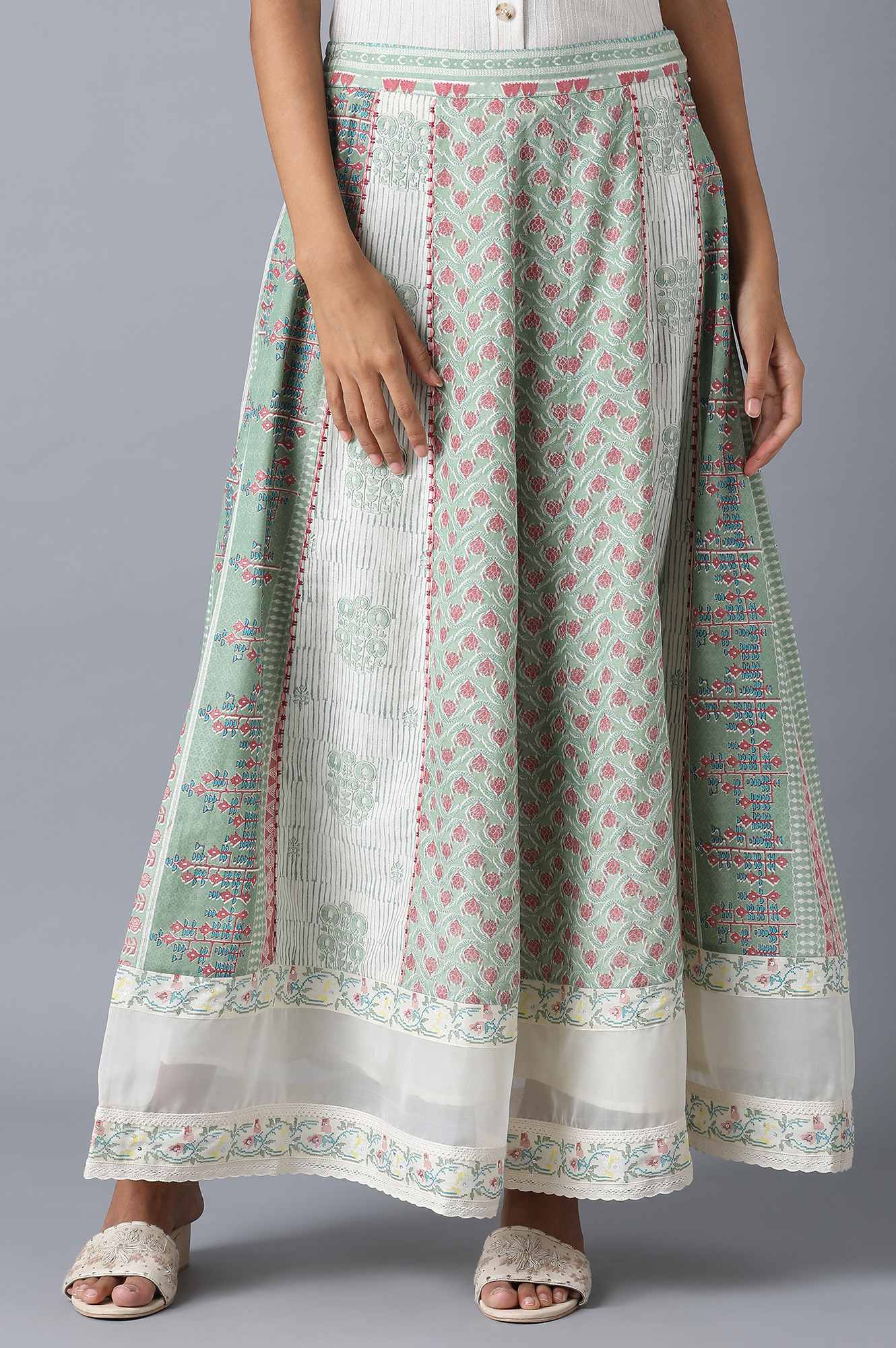 Pastel Green Print Mix Panelled Skirt