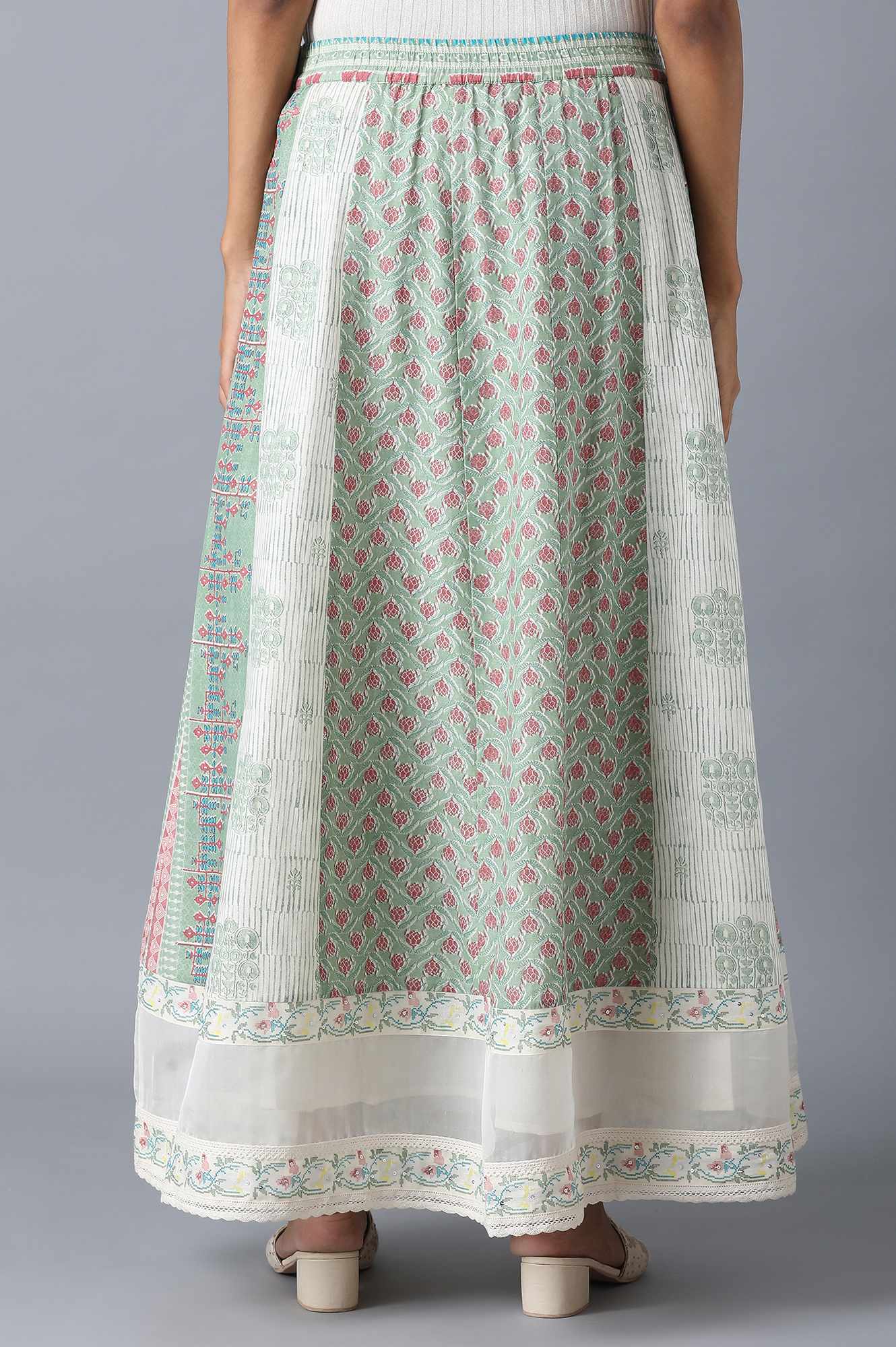 Pastel Green Print Mix Panelled Skirt