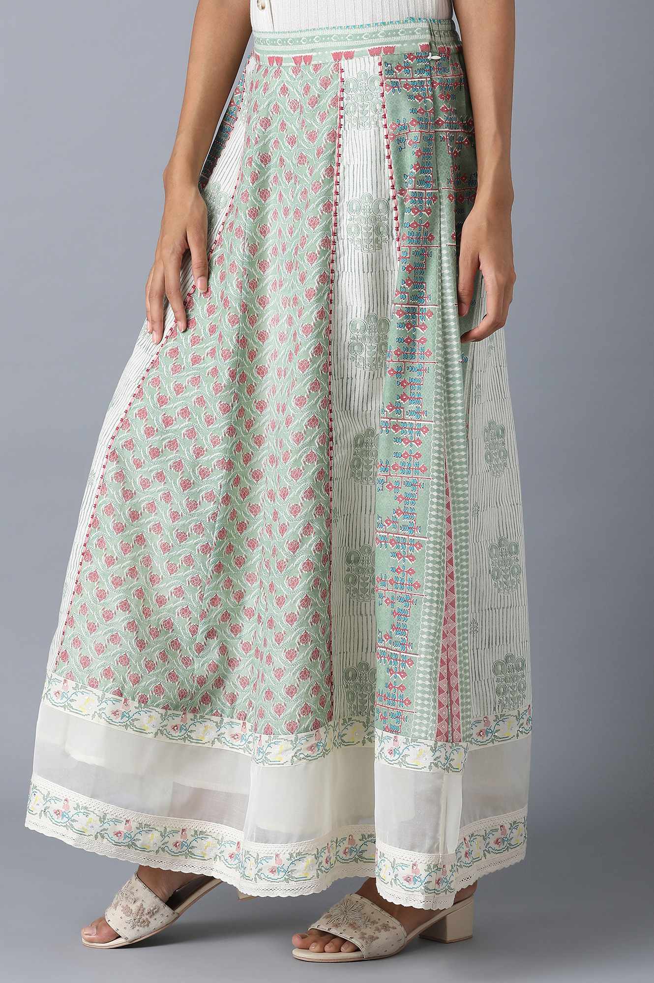 Pastel Green Print Mix Panelled Skirt