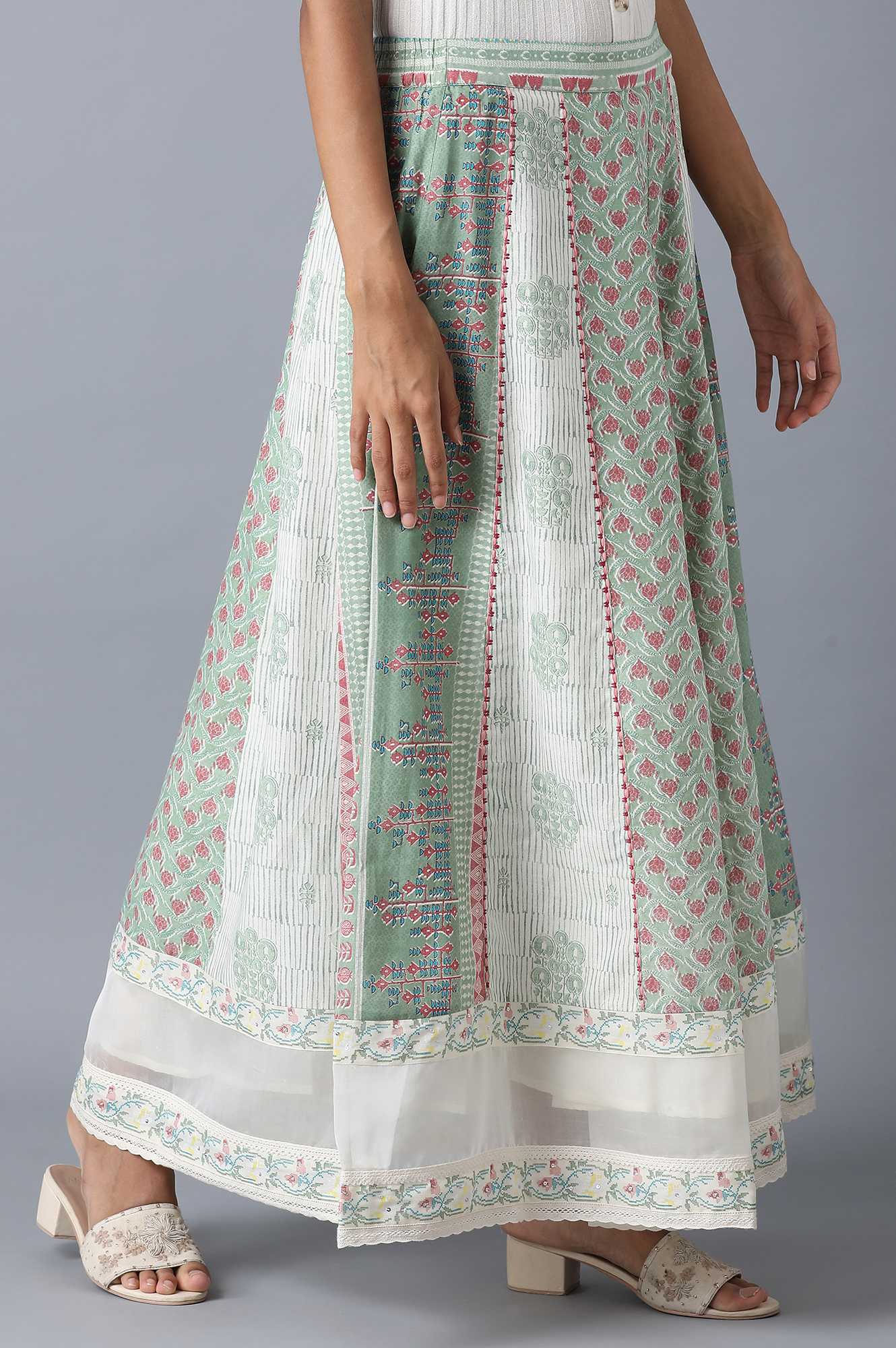 Pastel Green Print Mix Panelled Skirt