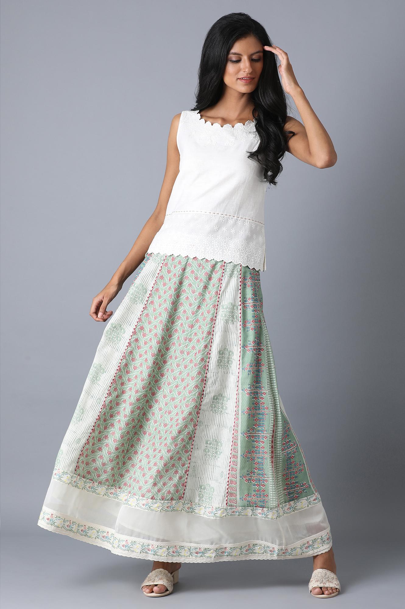 Pastel Green Print Mix Panelled Skirt