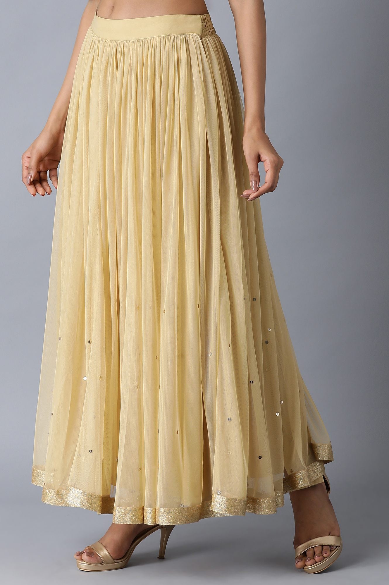 Gold Gathered Sequin Sheer Skirt