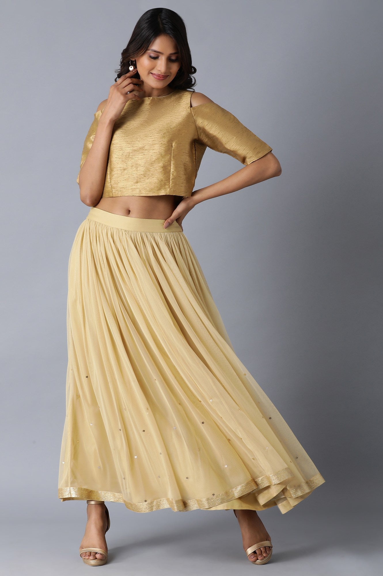 Gold Gathered Sequin Sheer Skirt