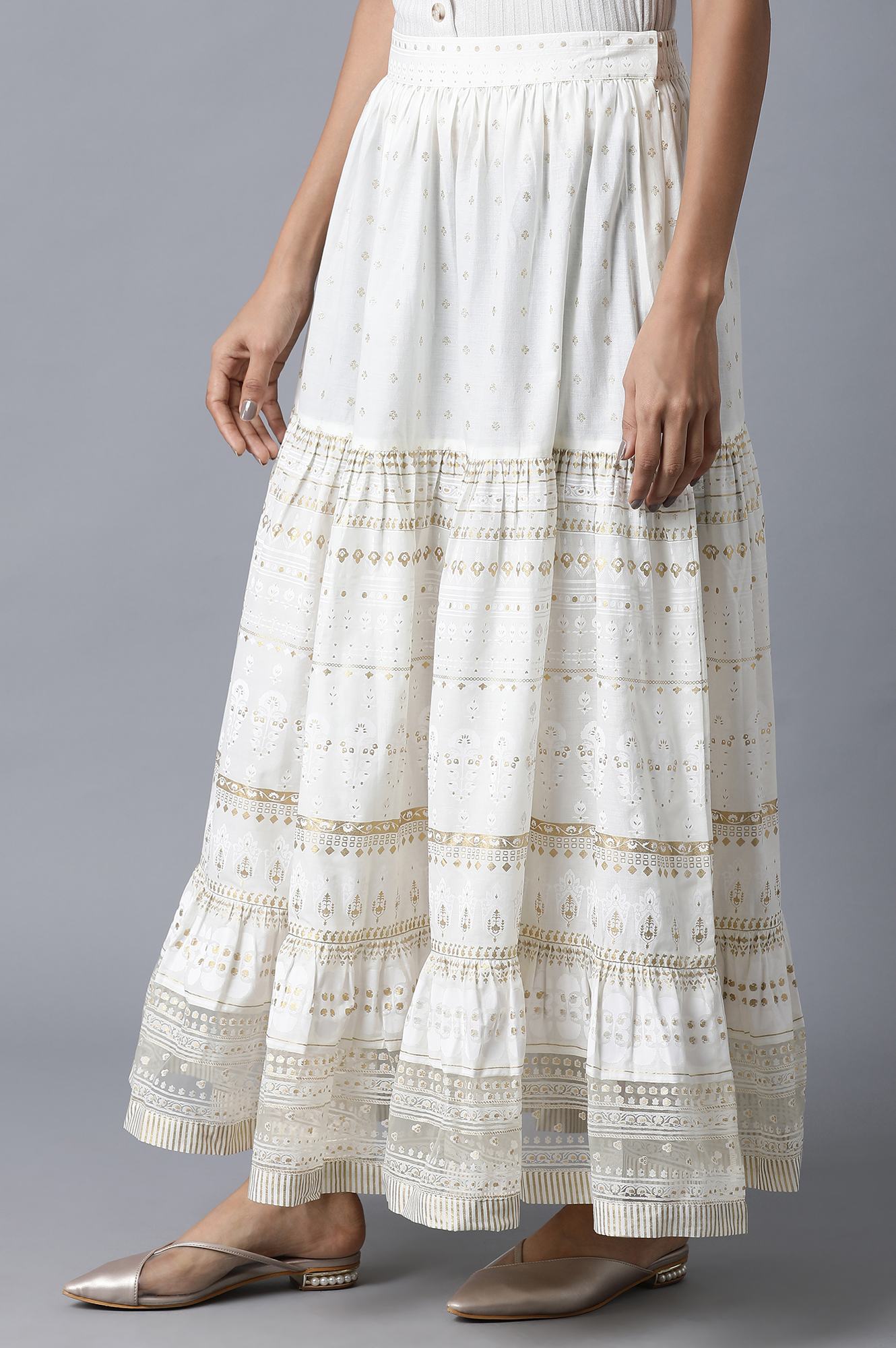 Ecru Printed Gathered Skirt