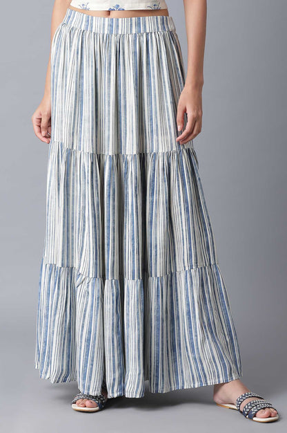 Ecru and Blue Stripe Print Tiered Skirt