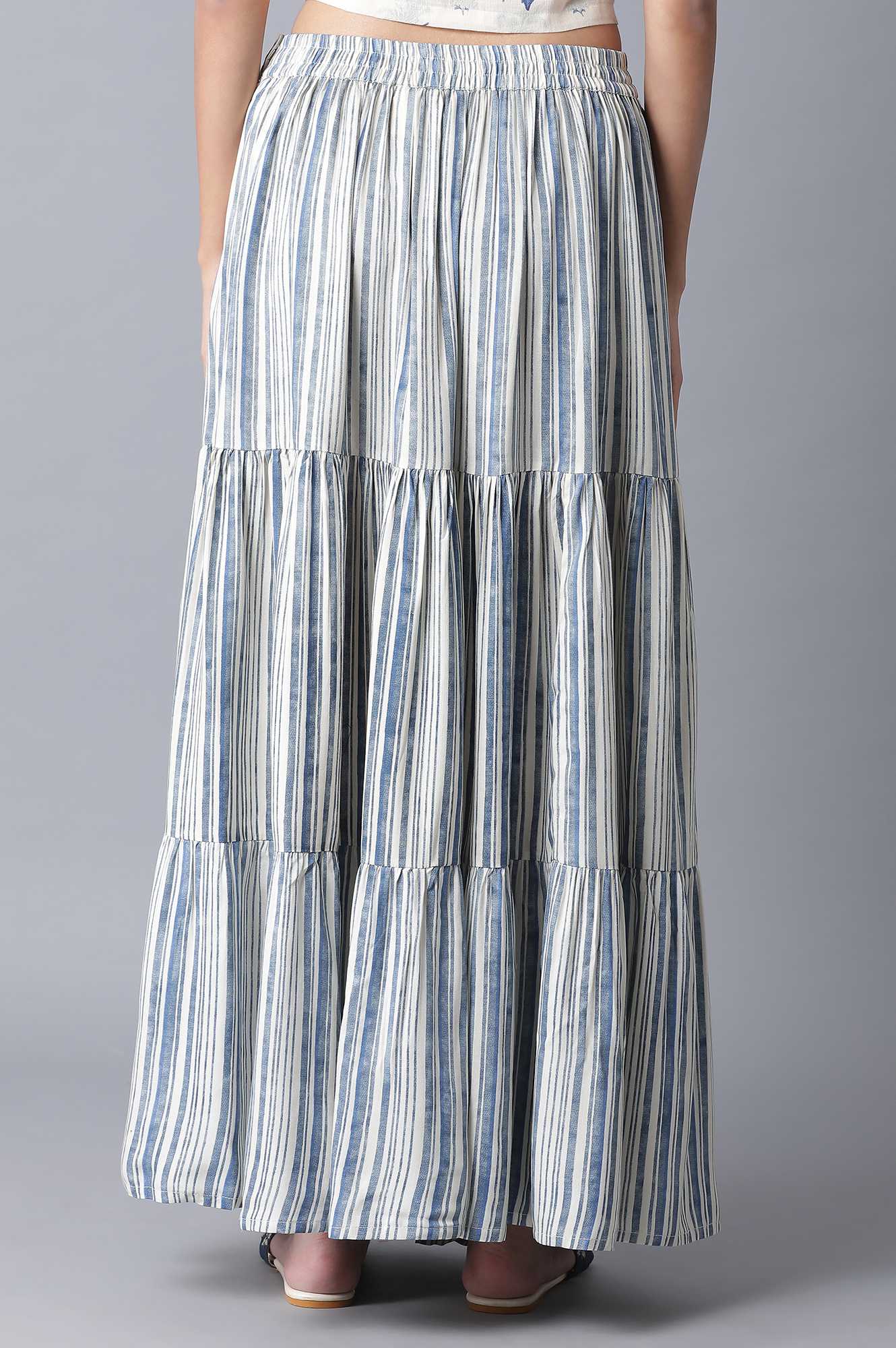 Ecru and Blue Stripe Print Tiered Skirt