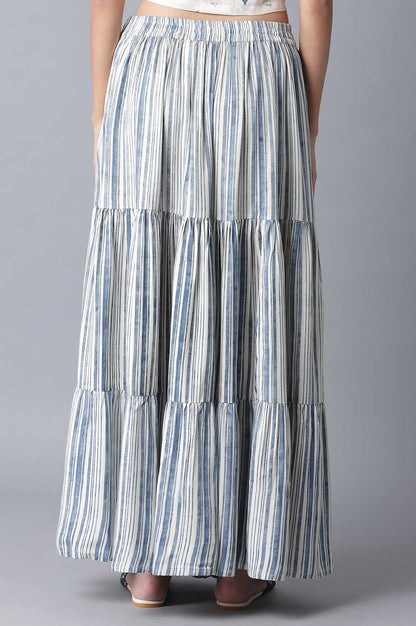 Ecru and Blue Stripe Print Tiered Skirt