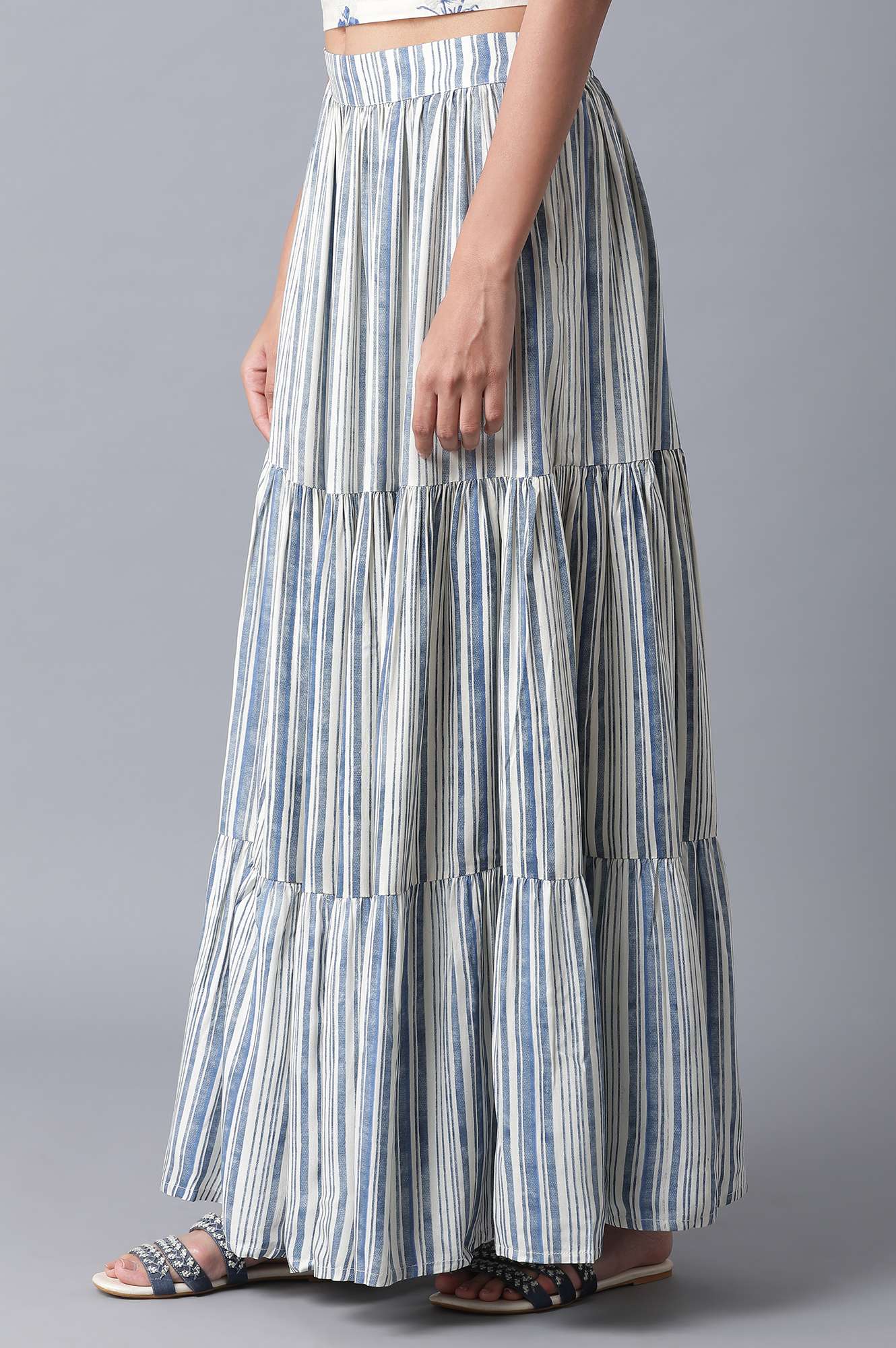 Ecru and Blue Stripe Print Tiered Skirt