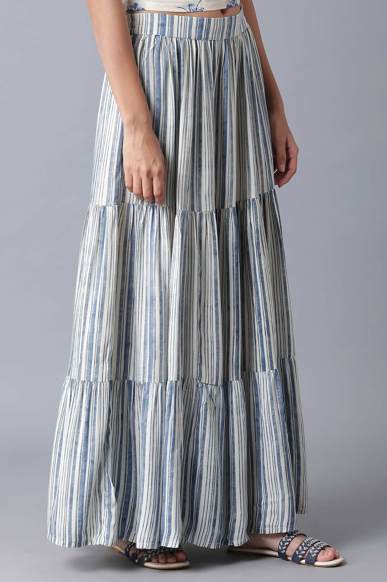 Ecru and Blue Stripe Print Tiered Skirt