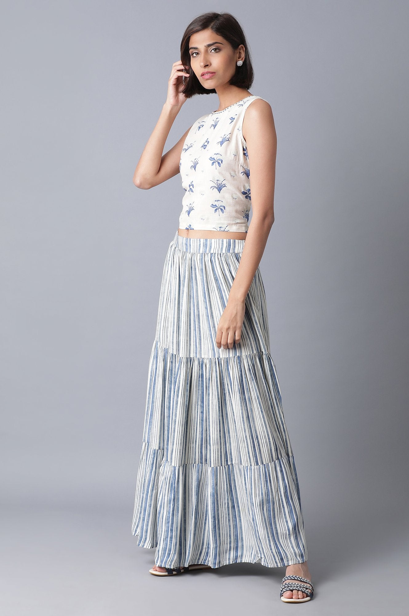 Ecru and Blue Stripe Print Tiered Skirt