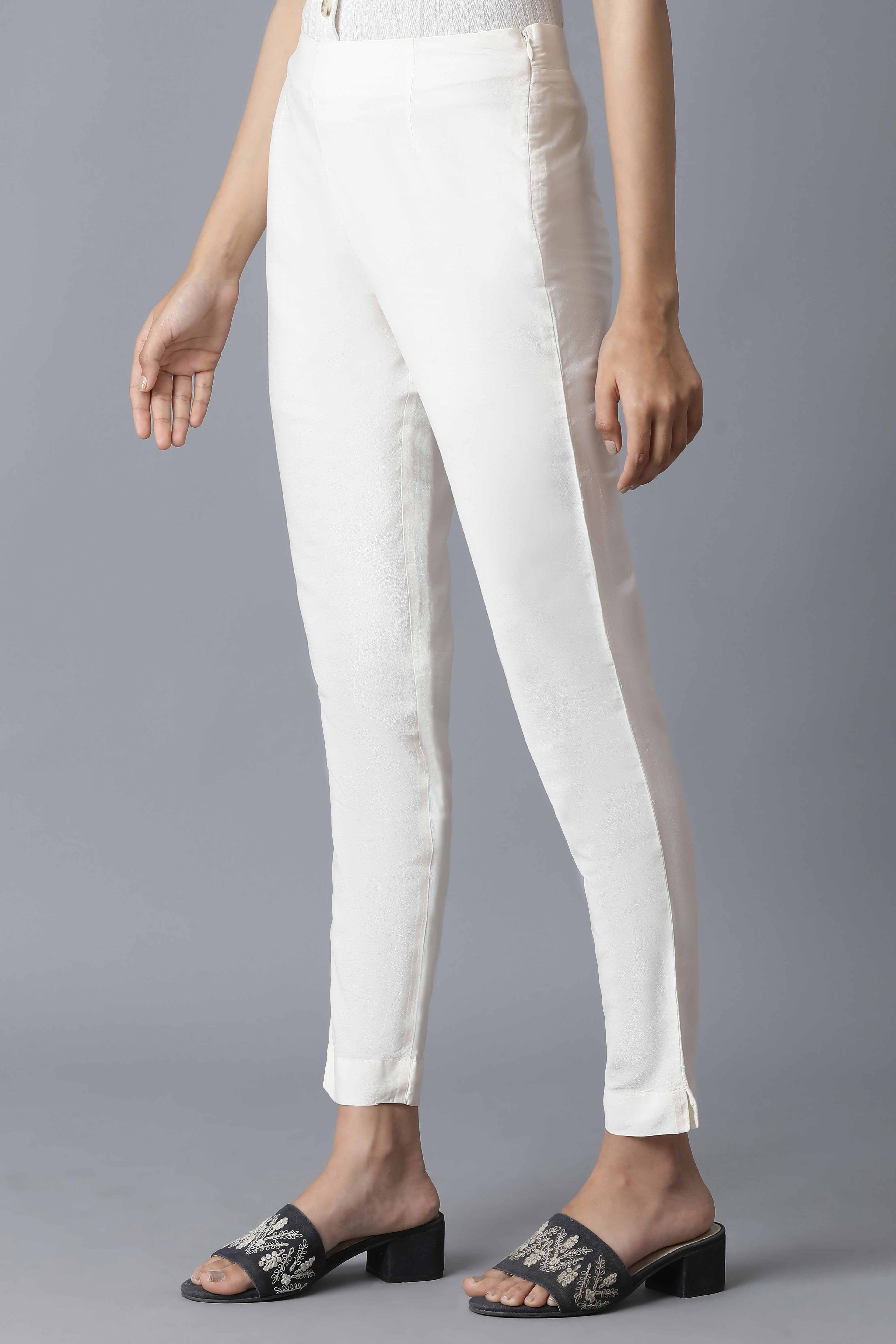 Ecru Solid Slim Pants