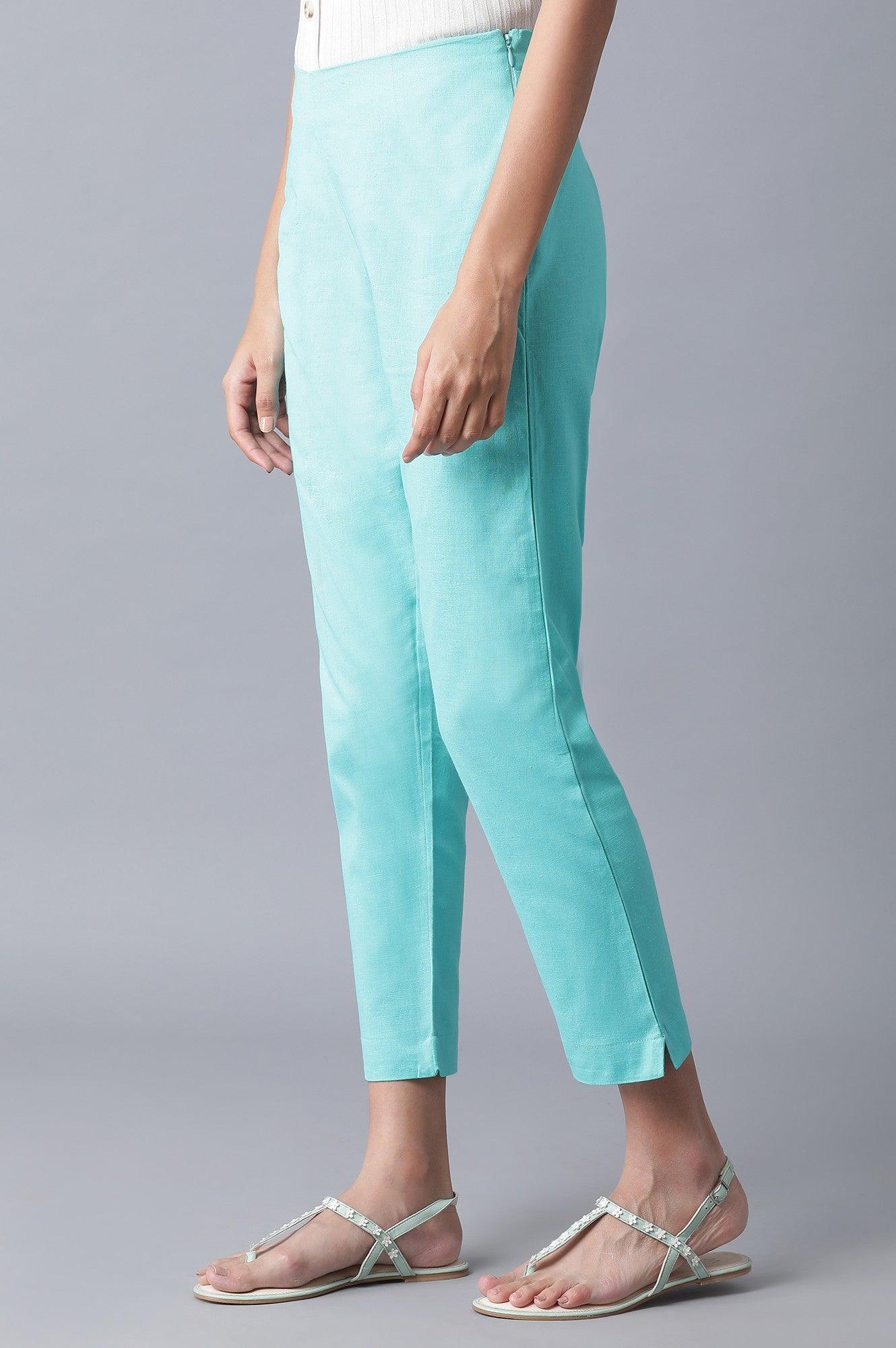 Teal Cotton Slim Pants - wforwoman