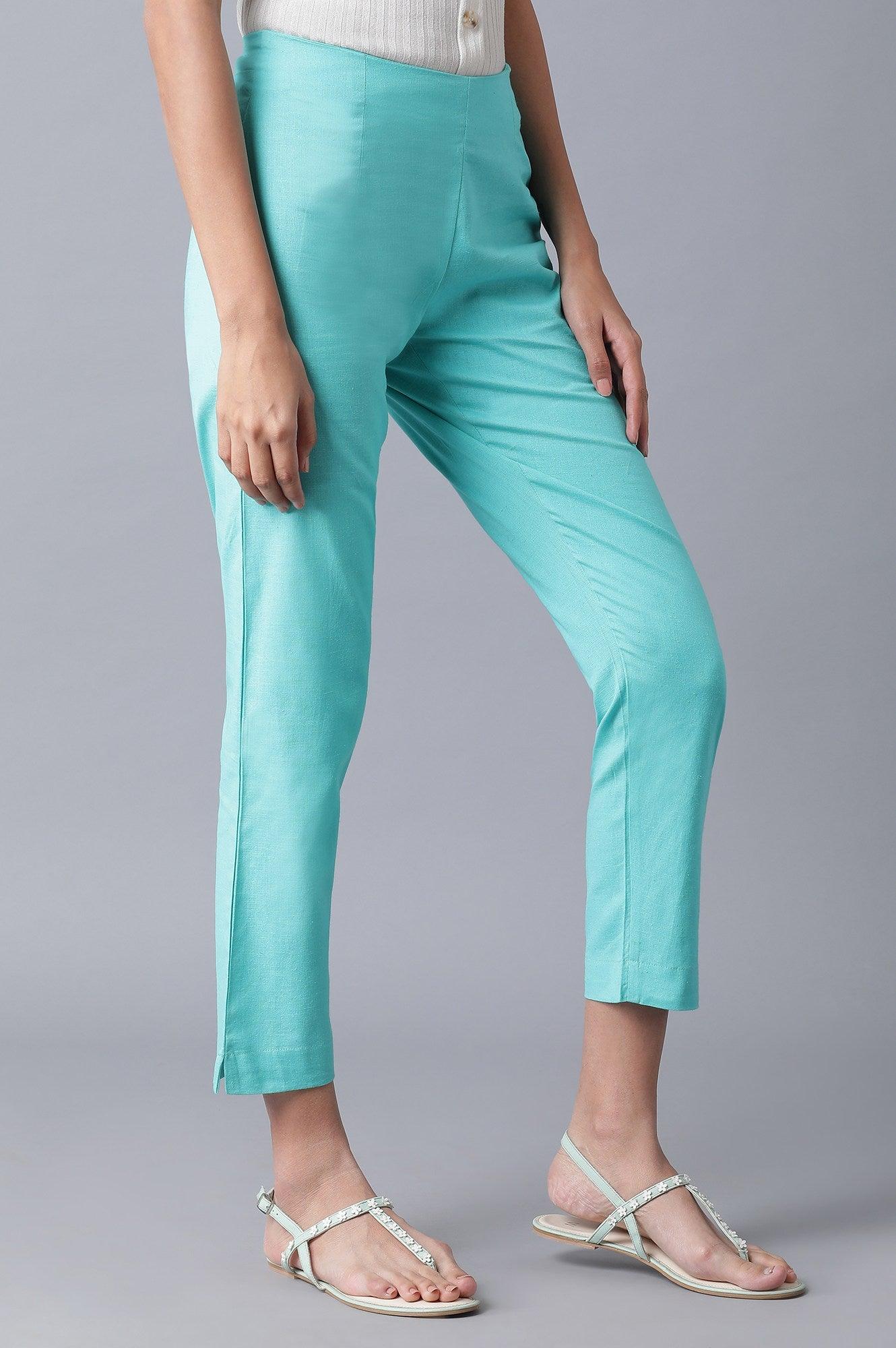 Teal Cotton Slim Pants - wforwoman