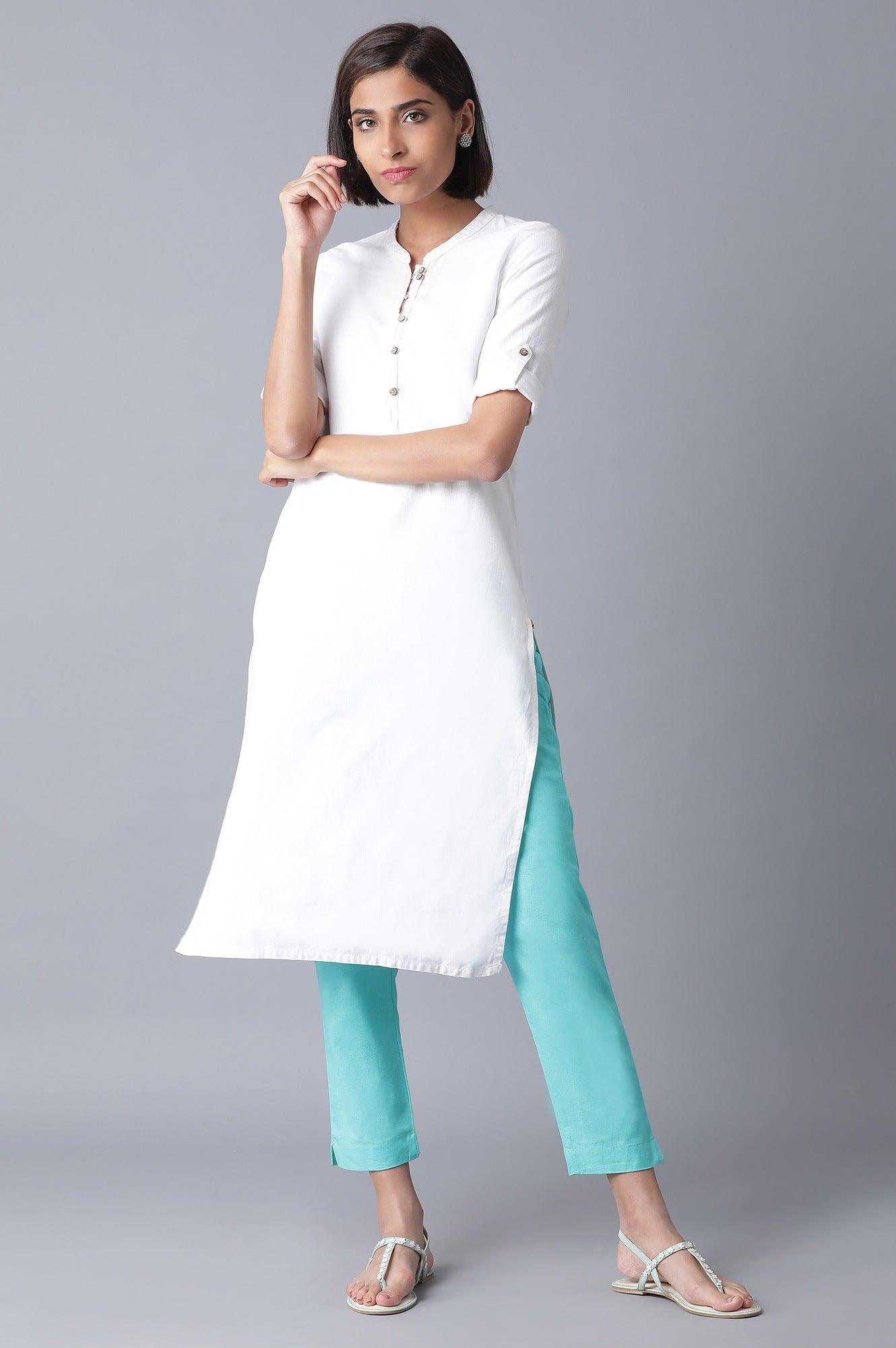 Teal Cotton Slim Pants - wforwoman