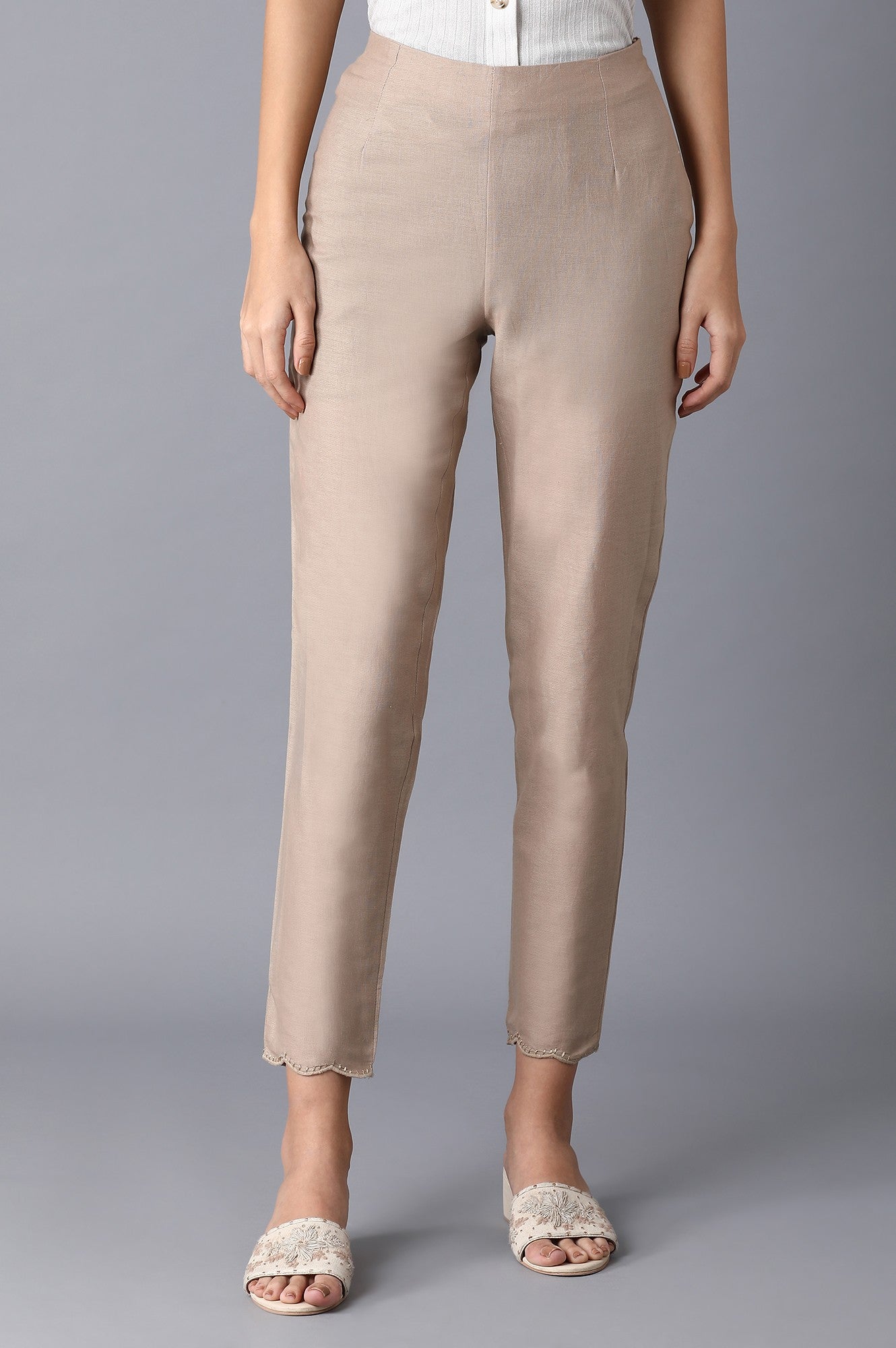 Beige Circular Hem Slim Pants