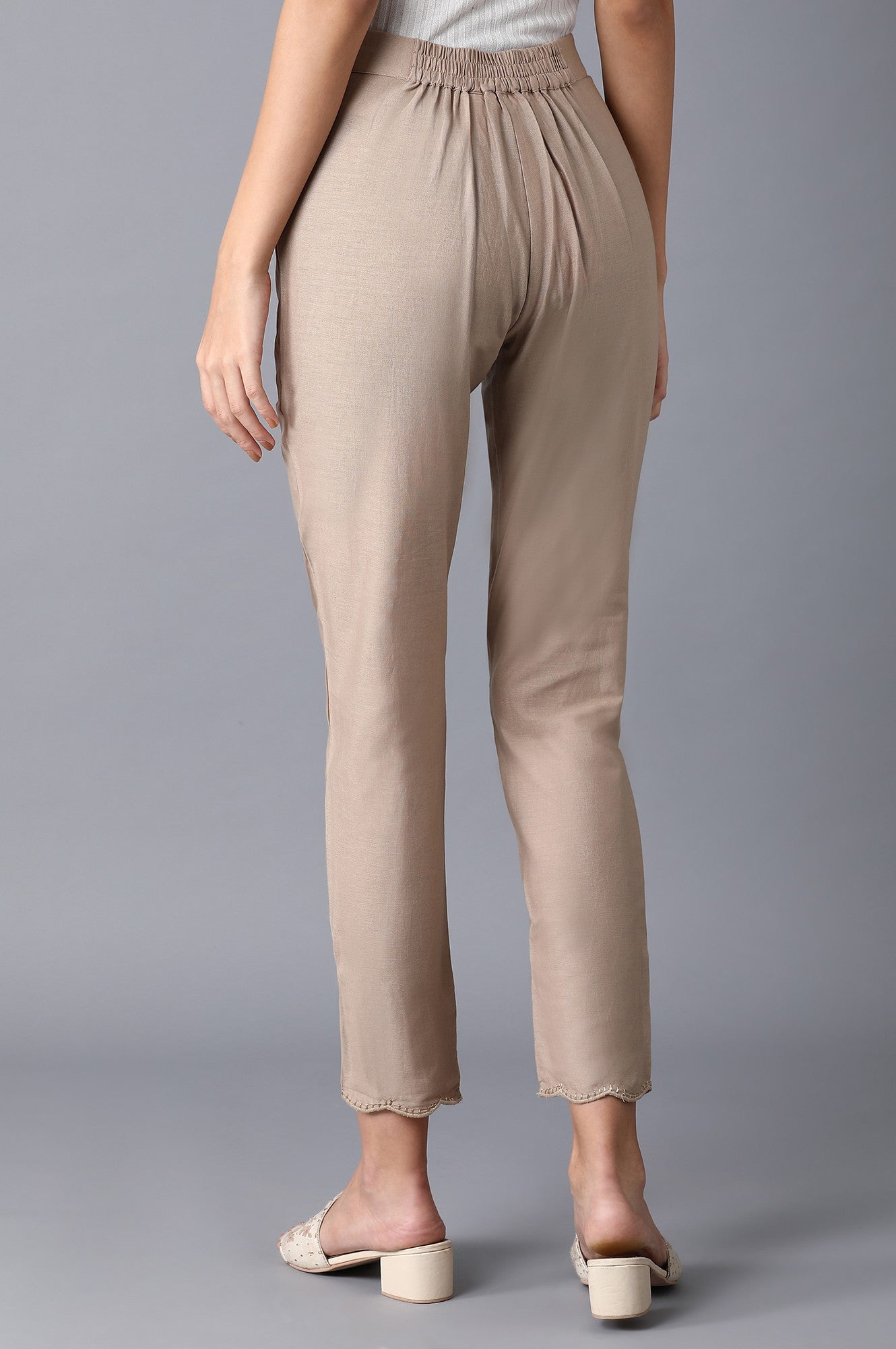 Beige Circular Hem Slim Pants