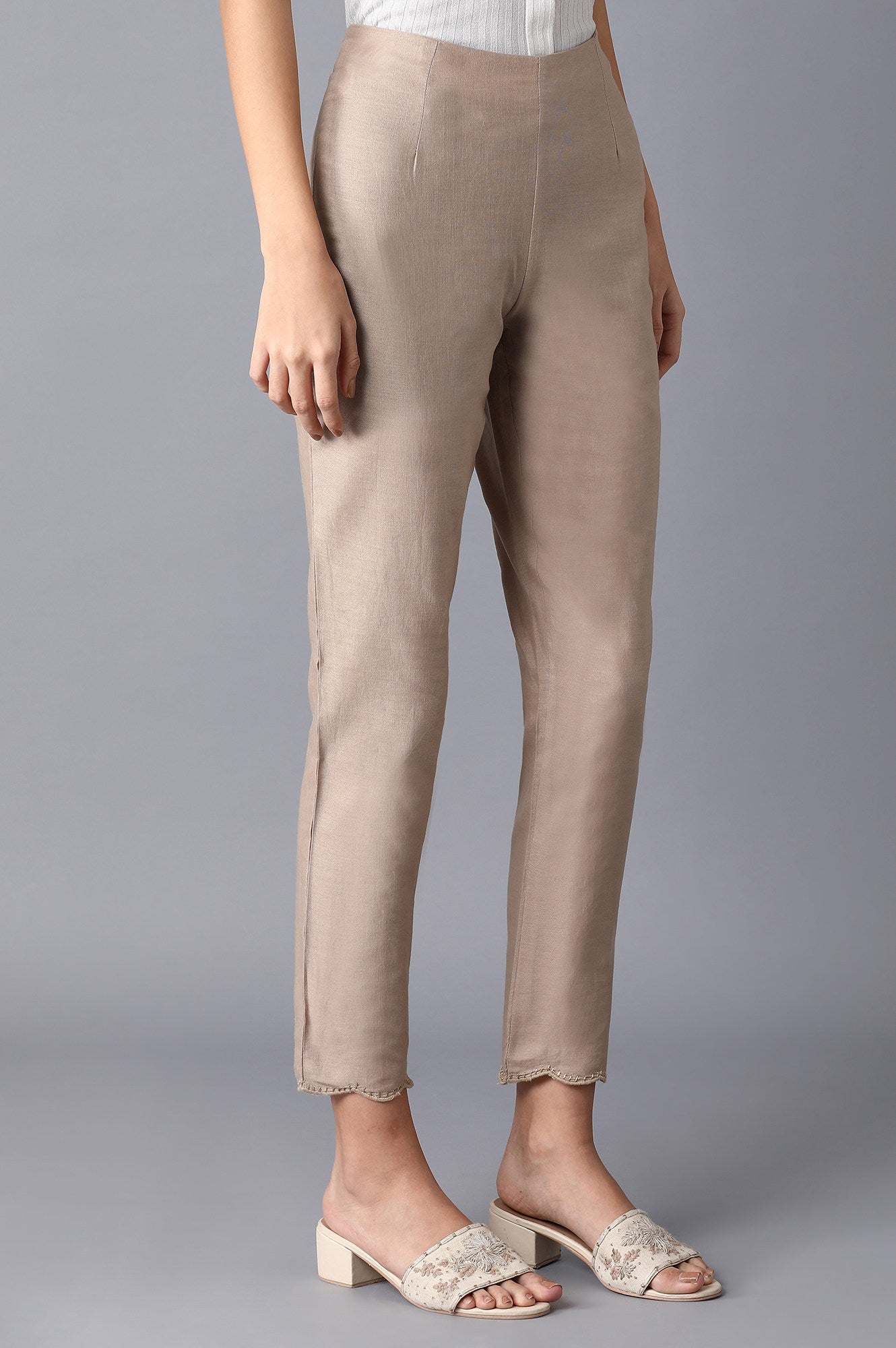 Beige Circular Hem Slim Pants