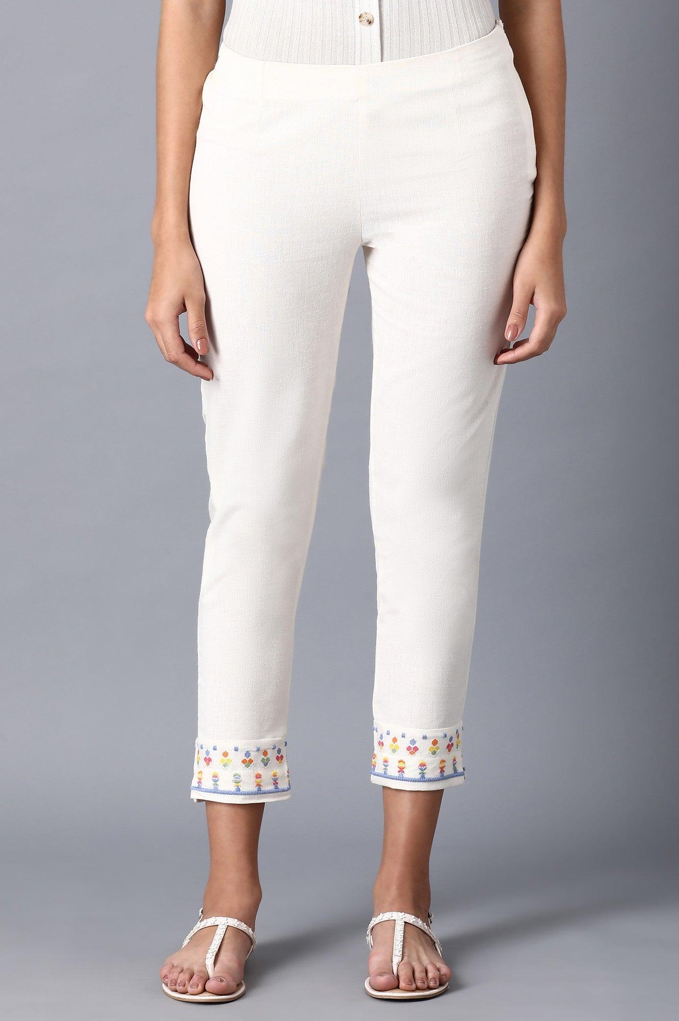 Ecru Embroidered Slim Pants - wforwoman