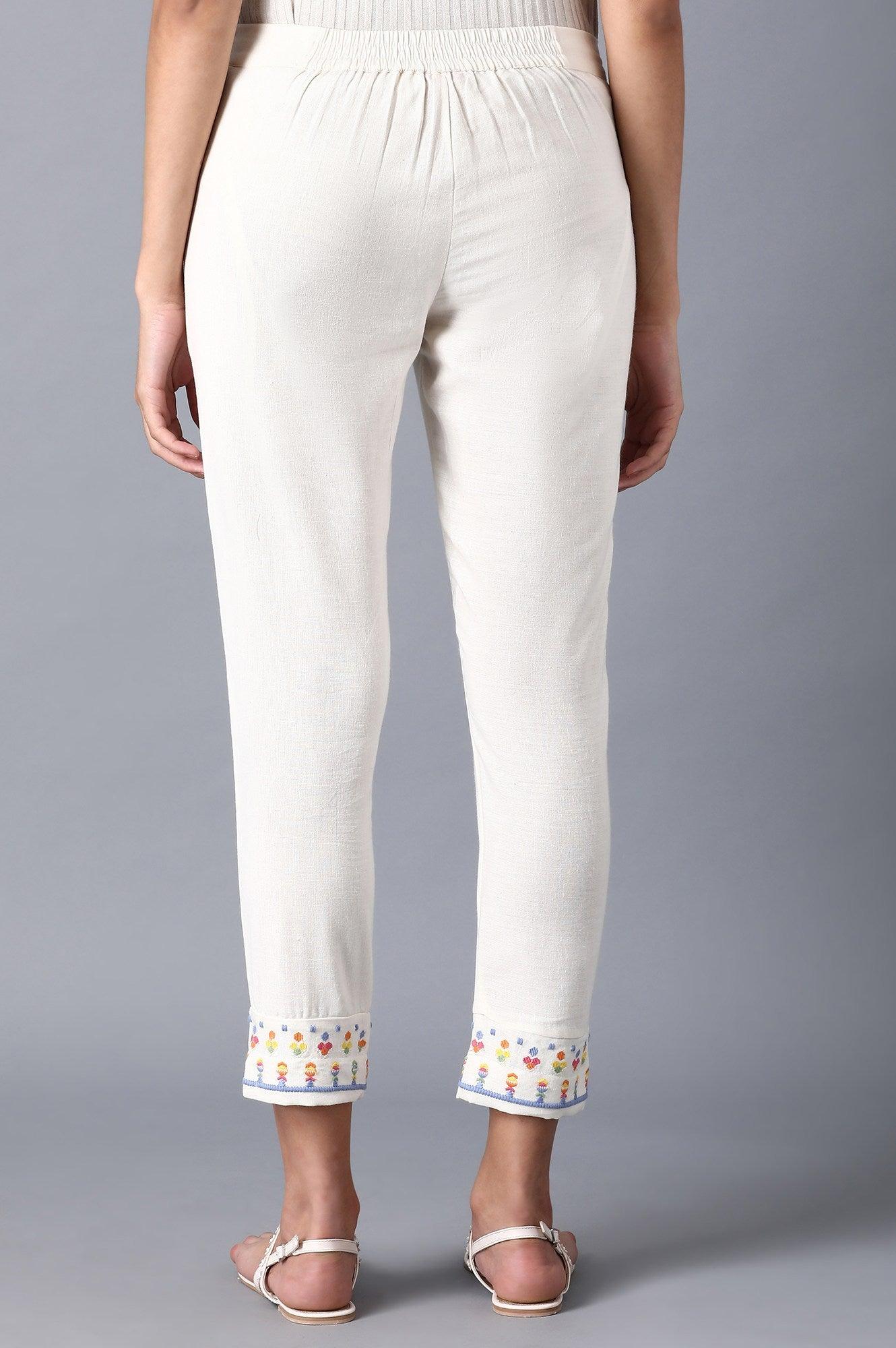 Ecru Embroidered Slim Pants - wforwoman