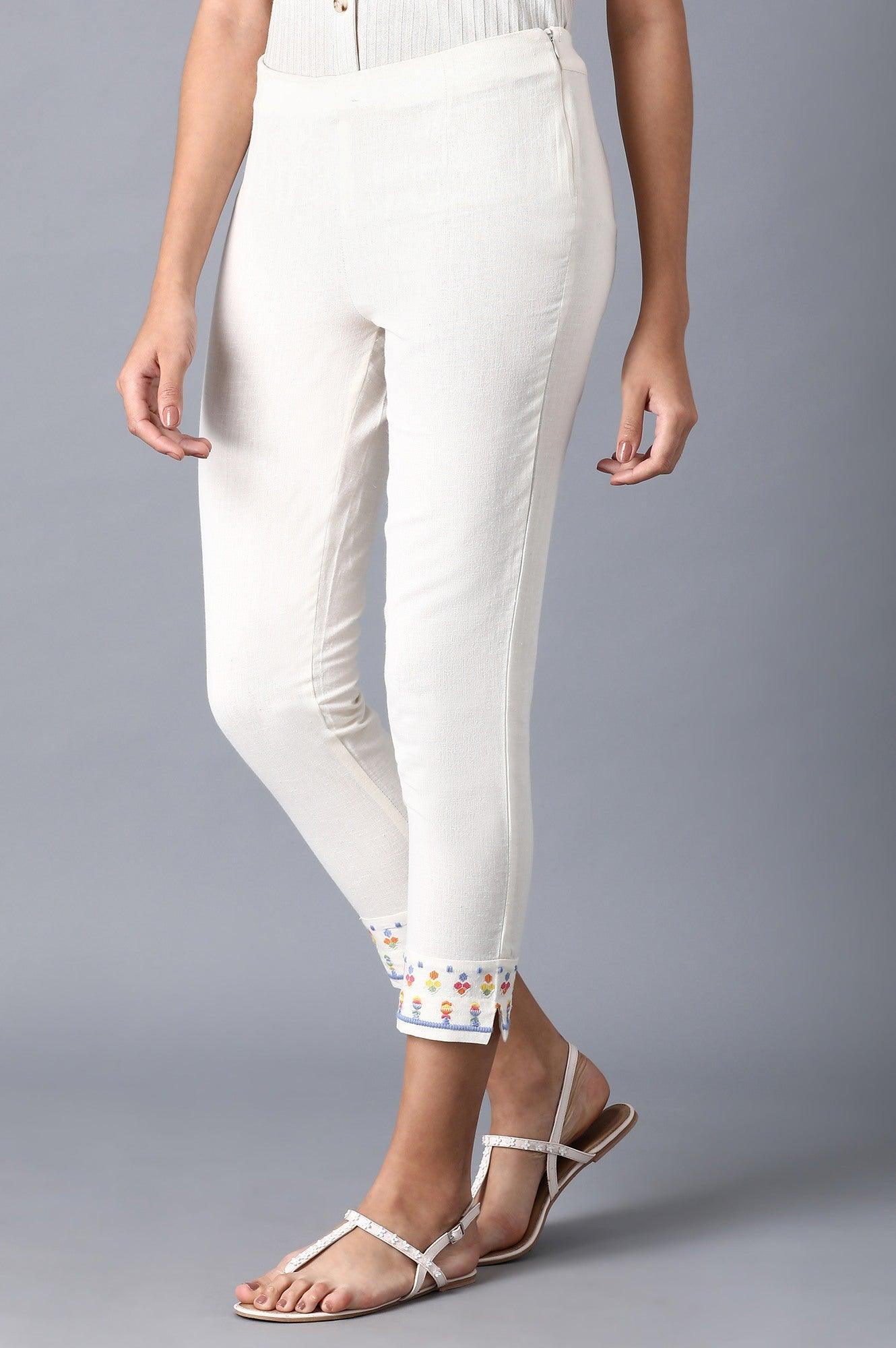 Ecru Embroidered Slim Pants - wforwoman