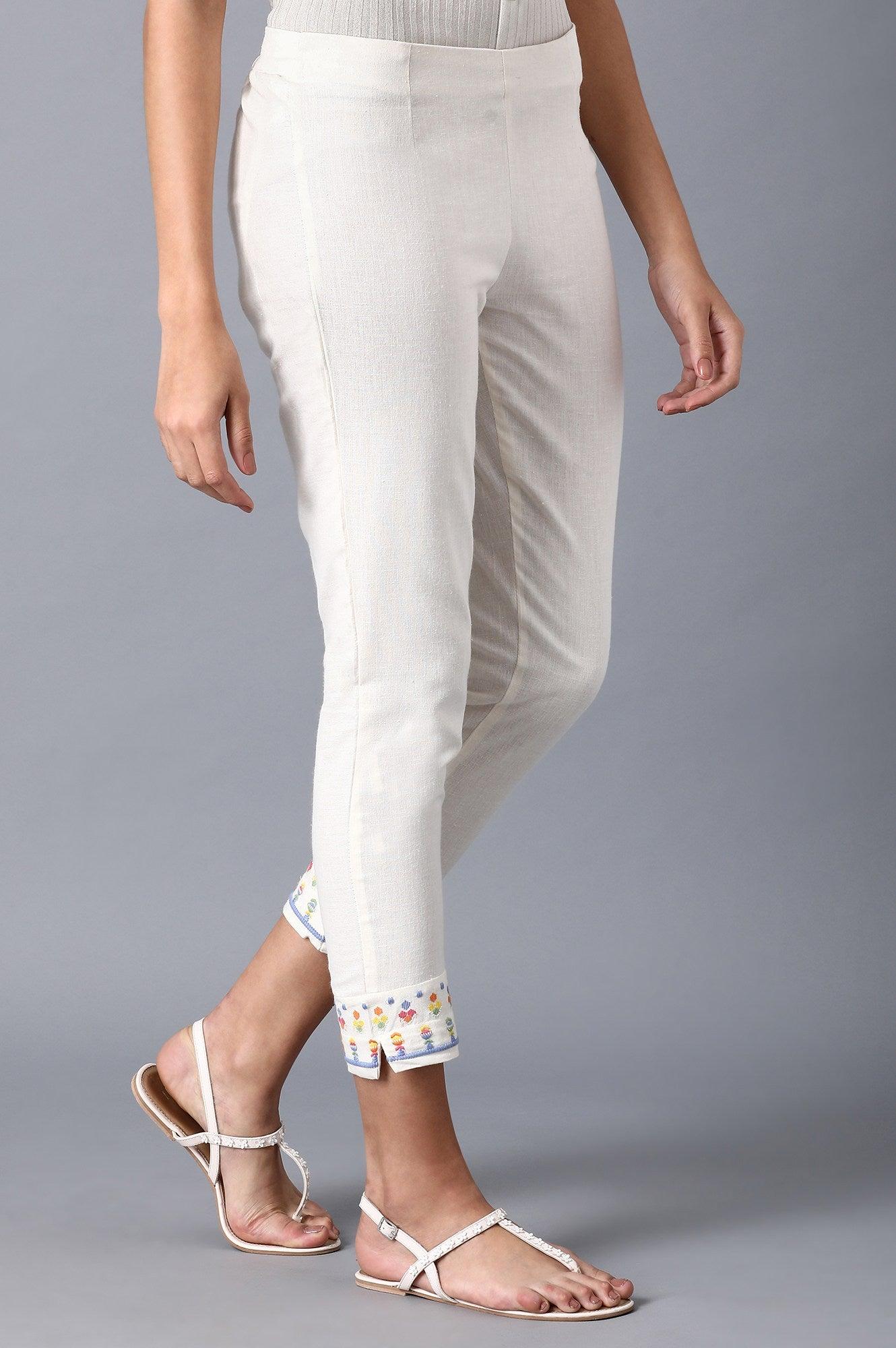 Ecru Embroidered Slim Pants - wforwoman