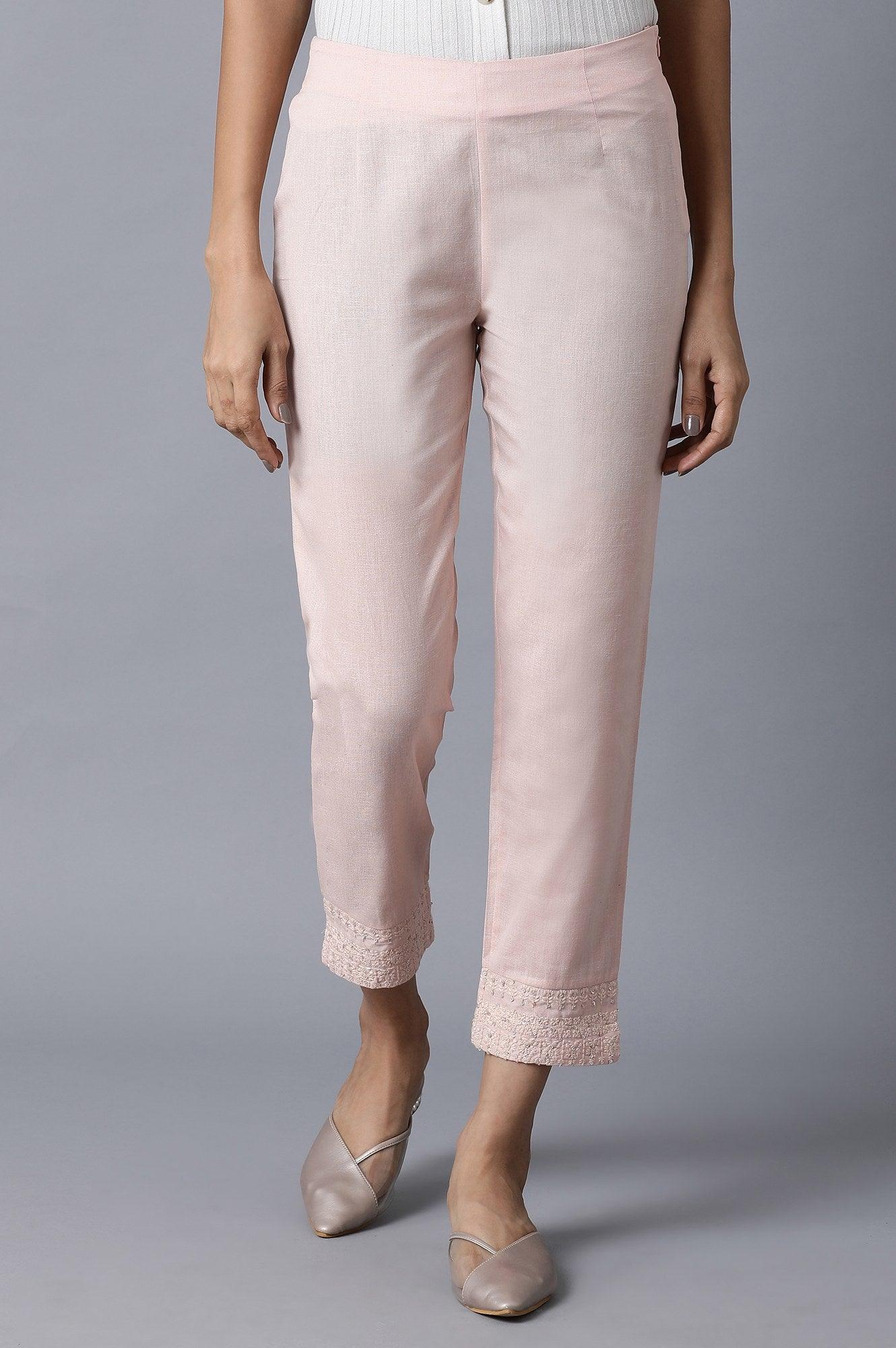 Light Pink Embroidered Slim Pants - wforwoman