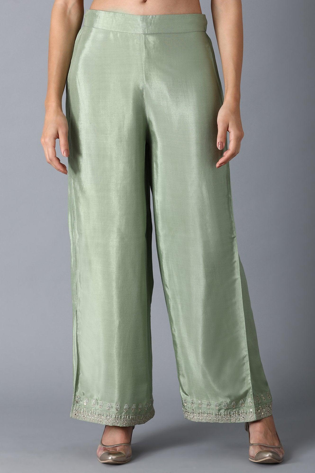 Green Embroidered Parallel Pants - wforwoman